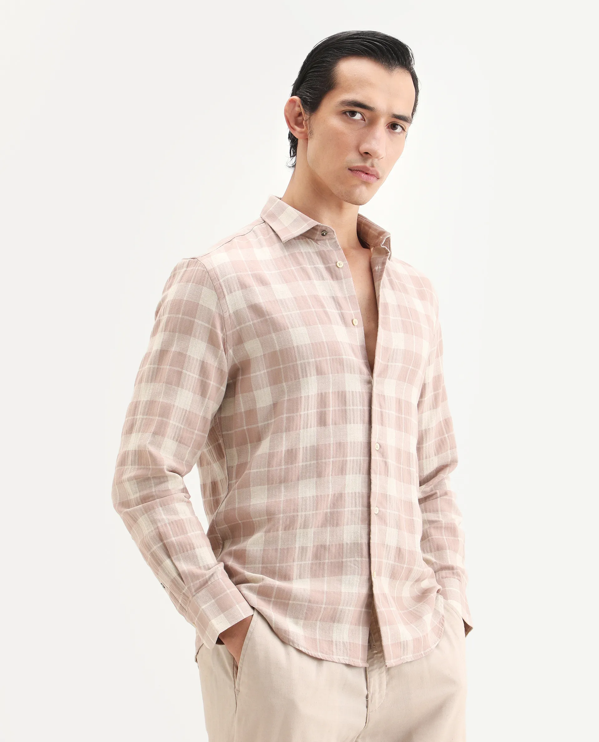 Rare Rabbit Men's Colint Dusky Pink Linen Blend Fabric Full Sleeve Spread Collar Regular Fit Checked Shirt - Image 6