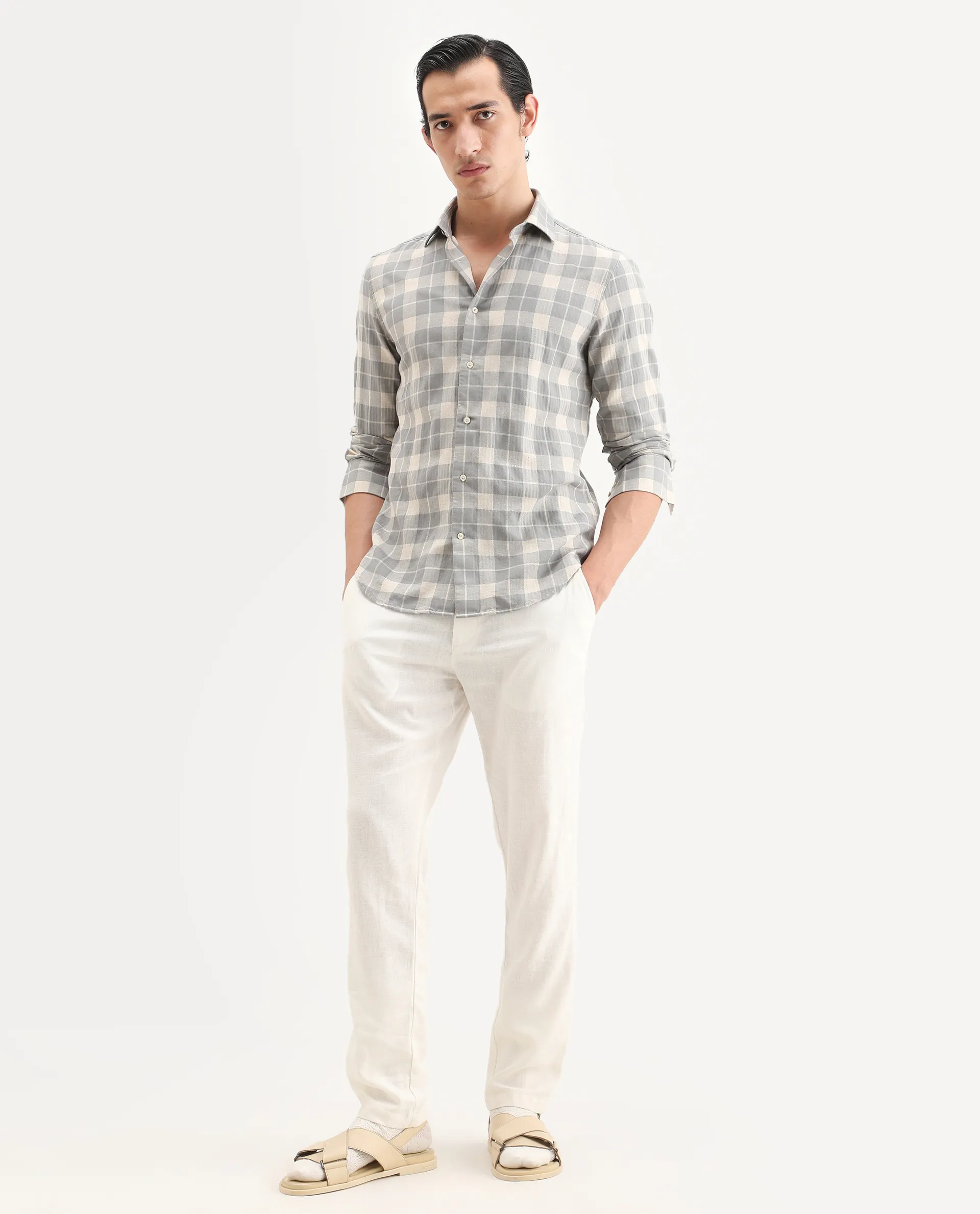 Rare Rabbit Men's Colint Grey Linen Blend Fabric Full Sleeve Spread Collar Regular Fit Checked Shirt - Image 2