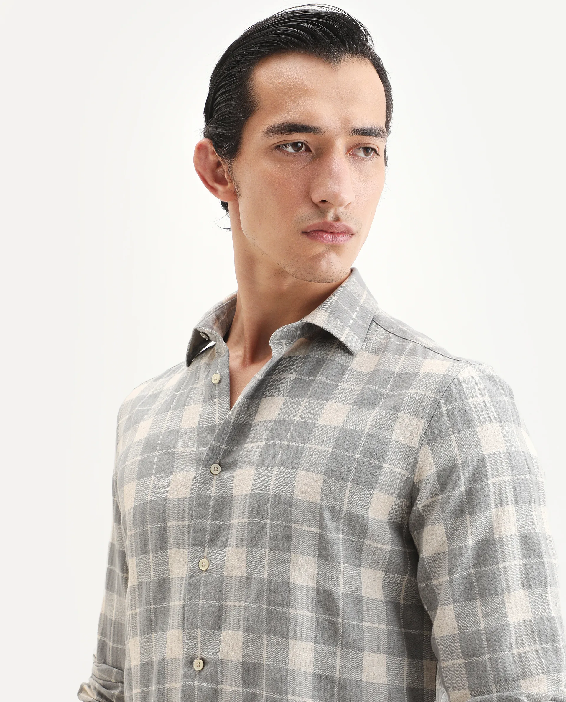 Rare Rabbit Men's Colint Grey Linen Blend Fabric Full Sleeve Spread Collar Regular Fit Checked Shirt - Image 3