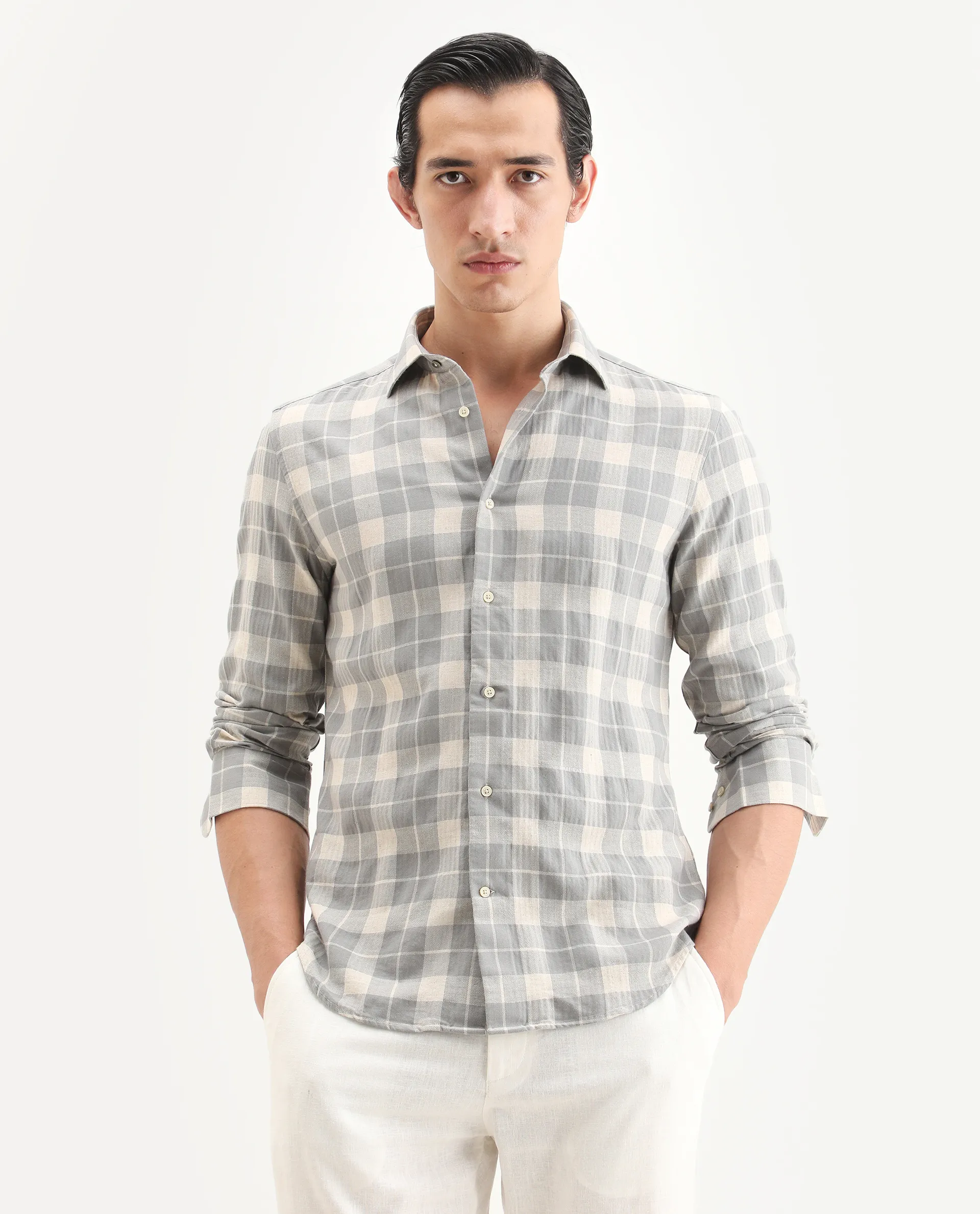 Rare Rabbit Men's Colint Grey Linen Blend Fabric Full Sleeve Spread Collar Regular Fit Checked Shirt - Image 4