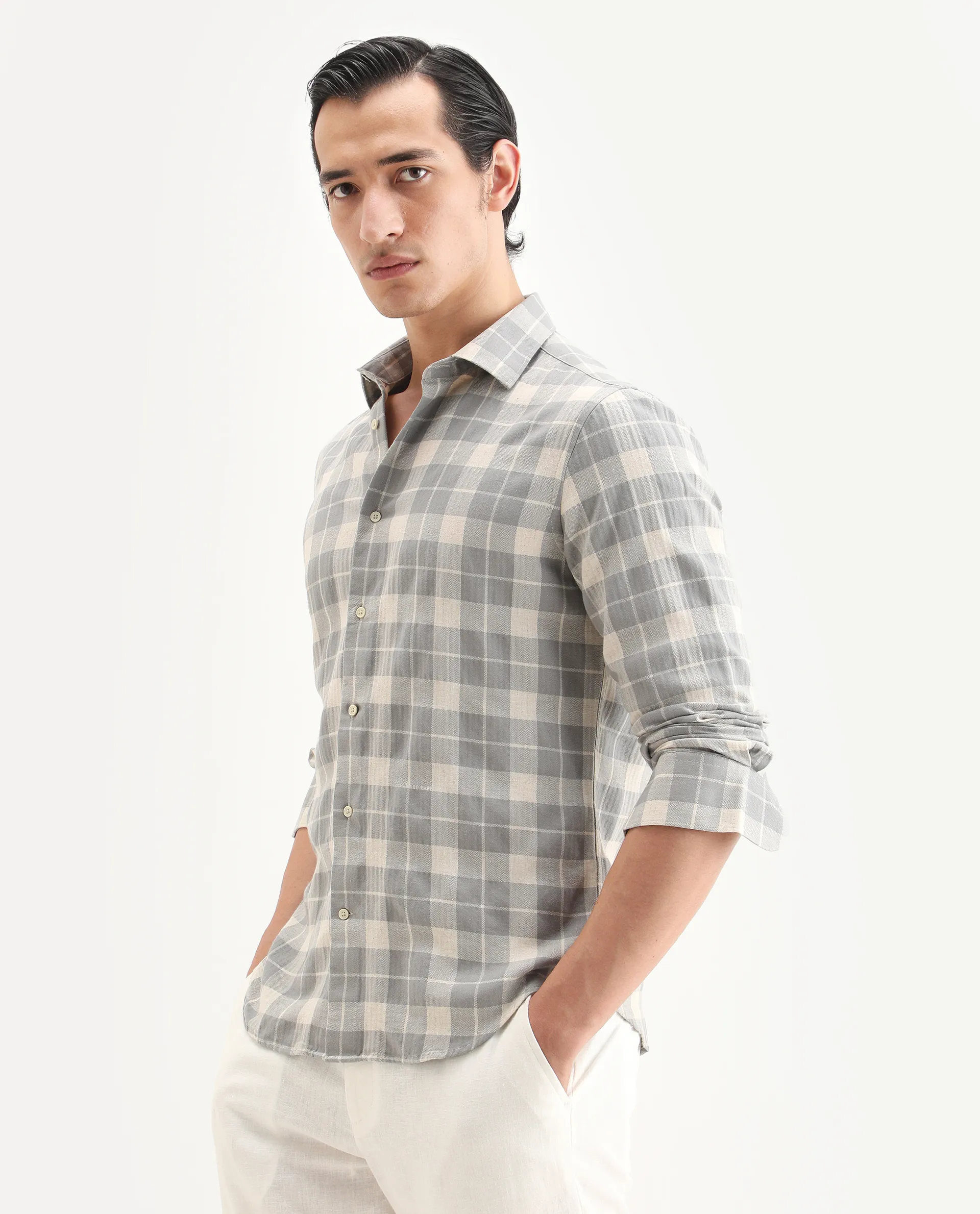 Rare Rabbit Men's Colint Grey Linen Blend Fabric Full Sleeve Spread Collar Regular Fit Checked Shirt - Image 5