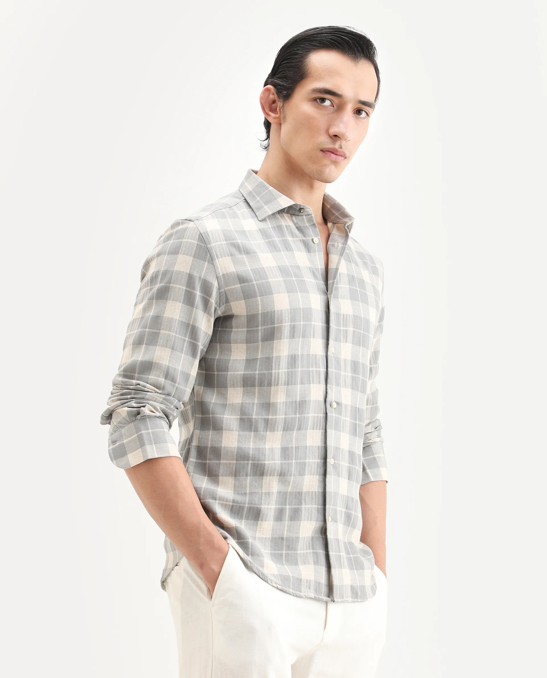 Rare Rabbit Men's Colint Grey Linen Blend Fabric Full Sleeve Spread Collar Regular Fit Checked Shirt - Image 6