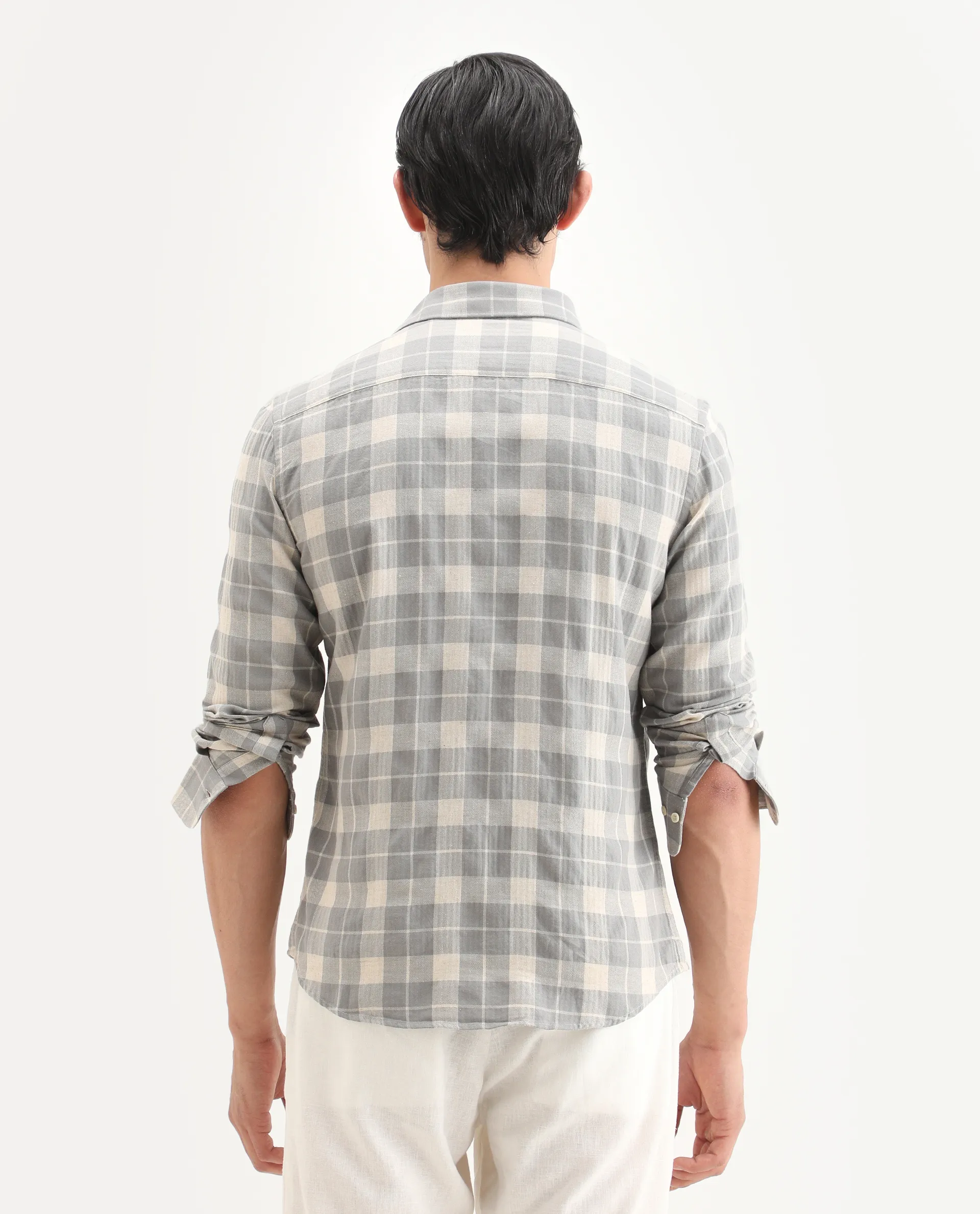 Rare Rabbit Men's Colint Grey Linen Blend Fabric Full Sleeve Spread Collar Regular Fit Checked Shirt - Image 7
