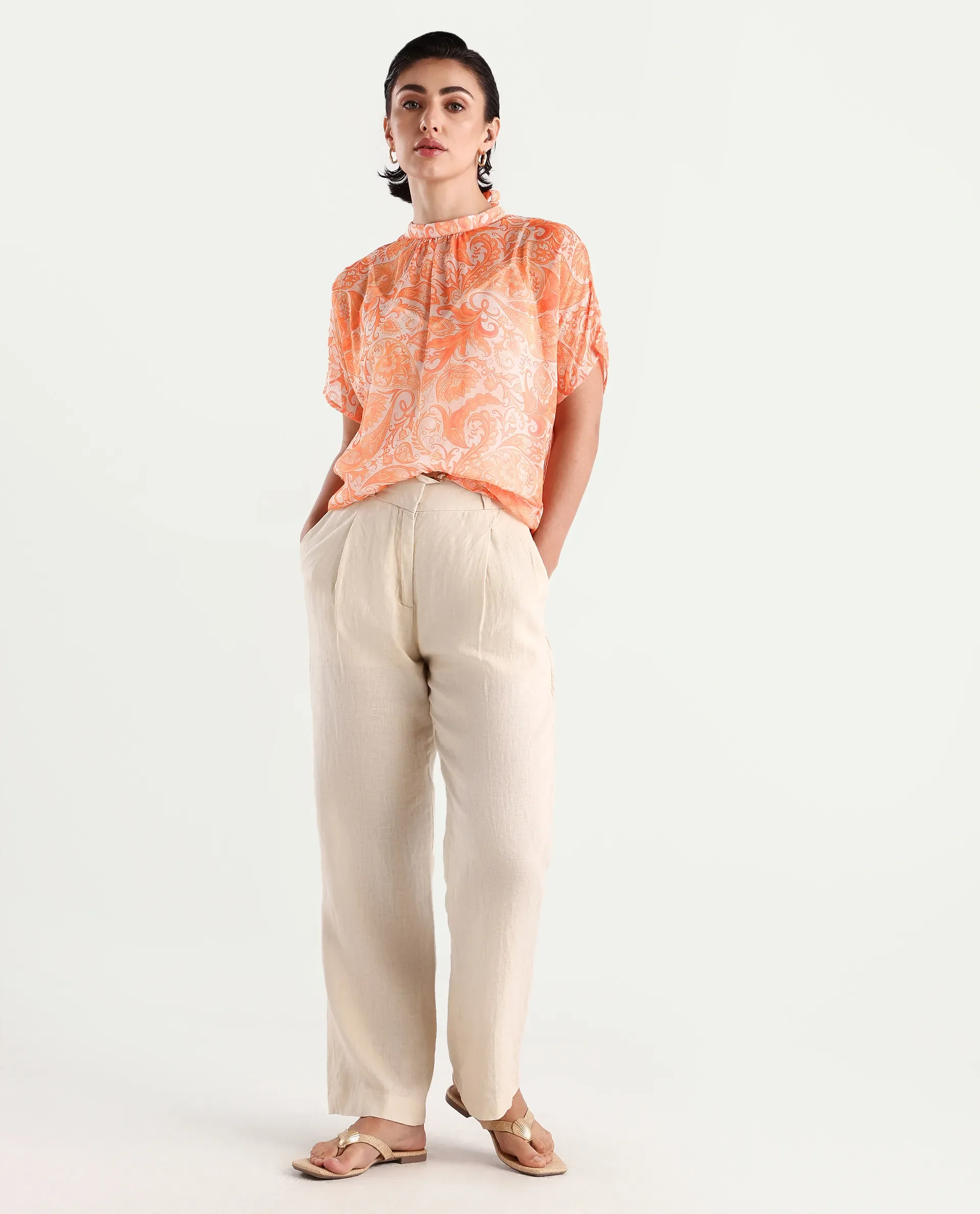 Rareism Women's Collen Orange Polyester High Neck Abstract Print Regular Fit Top - Image 2