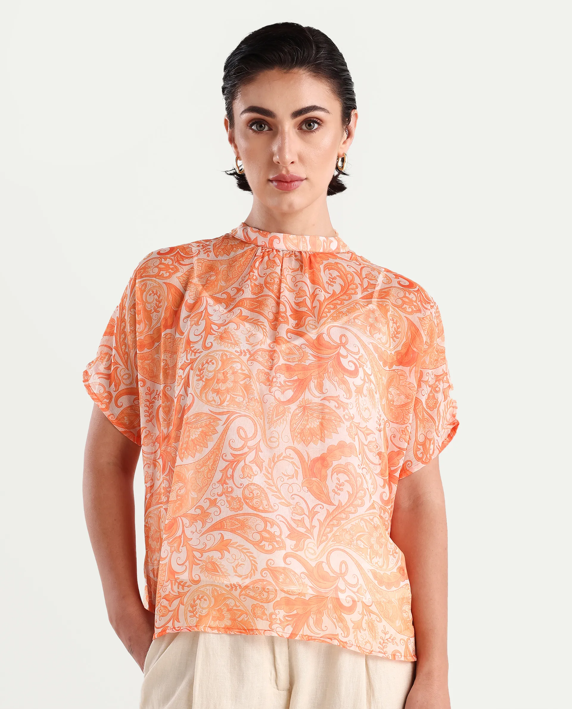 Rareism Women's Collen Orange Polyester High Neck Abstract Print Regular Fit Top - Image 3