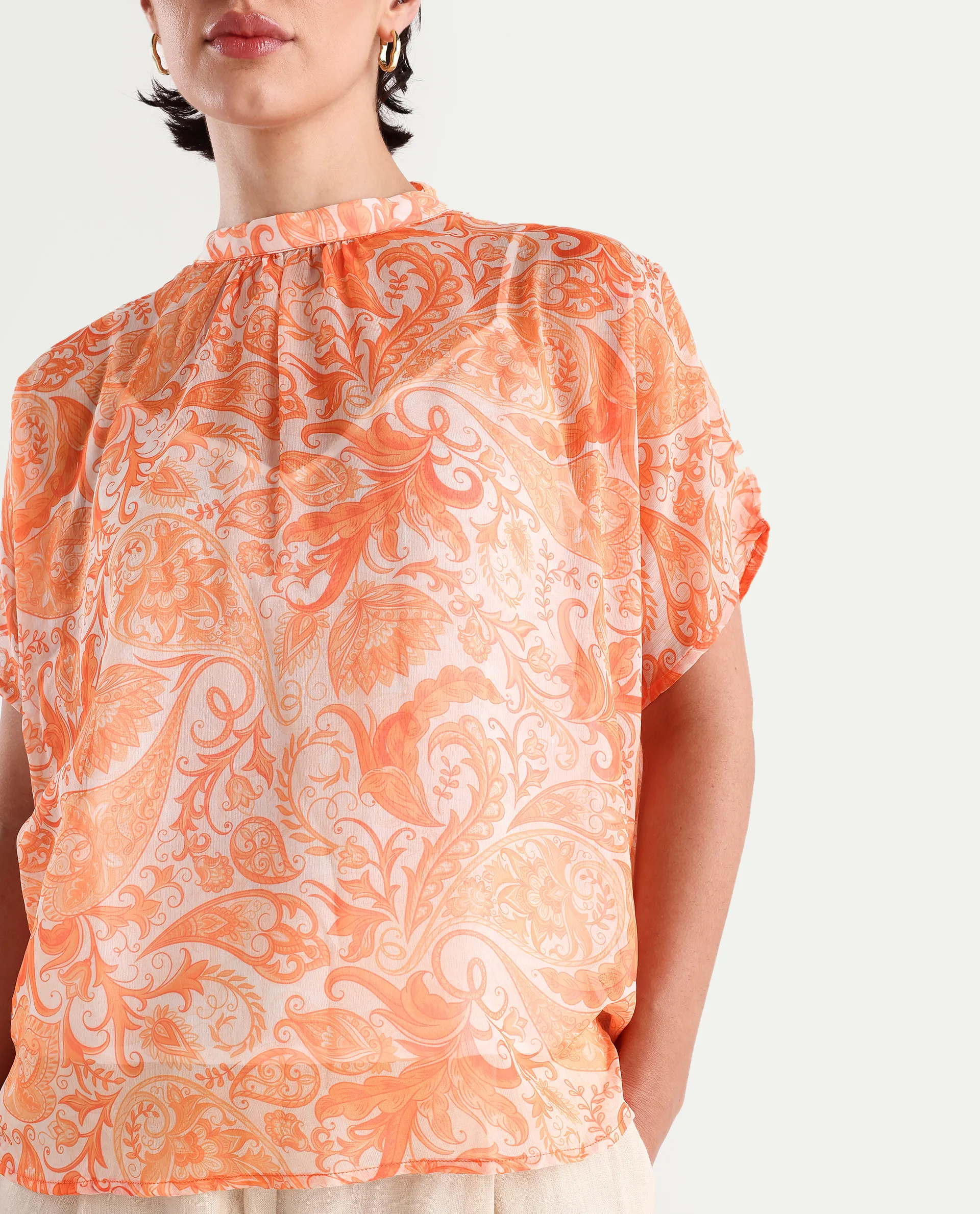 Rareism Women's Collen Orange Polyester High Neck Abstract Print Regular Fit Top - Image 4