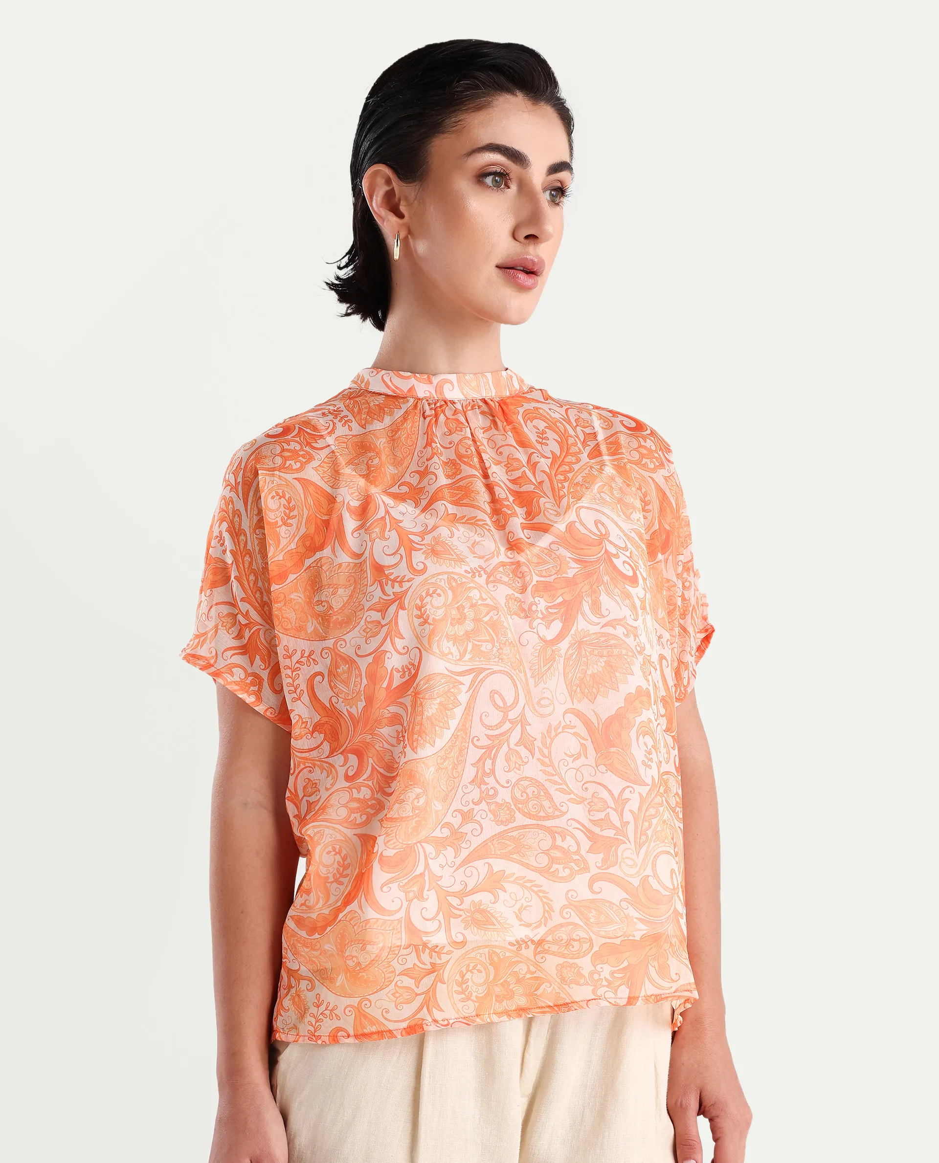 Rareism Women's Collen Orange Polyester High Neck Abstract Print Regular Fit Top - Image 5
