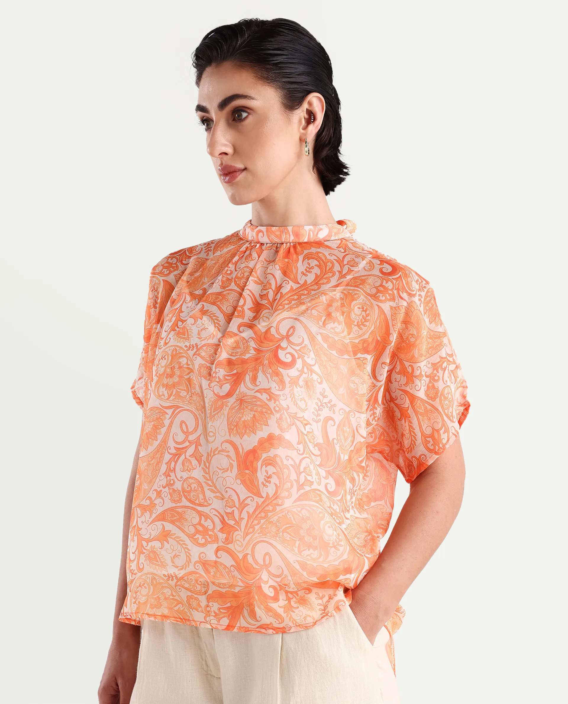 Rareism Women's Collen Orange Polyester High Neck Abstract Print Regular Fit Top - Image 6