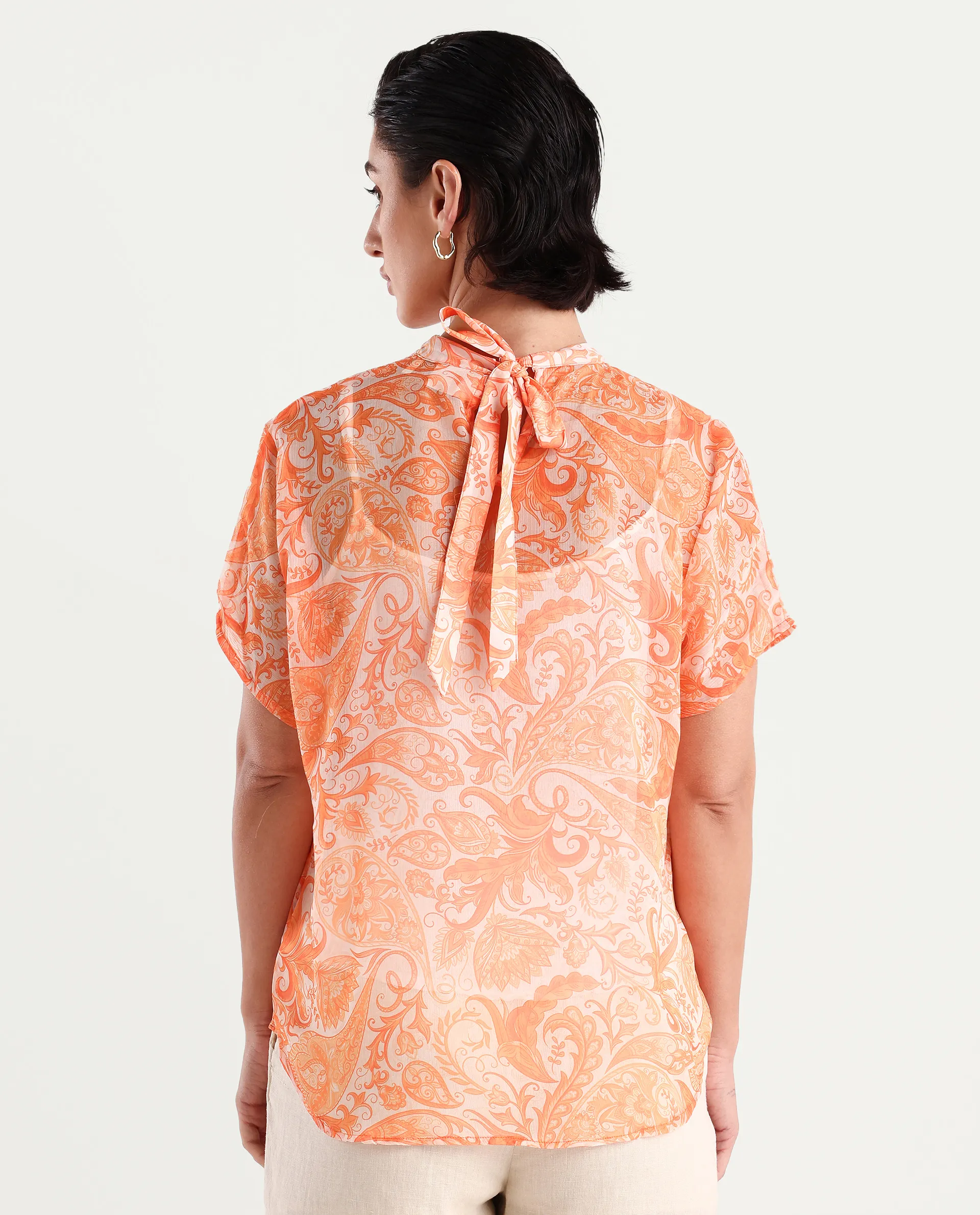 Rareism Women's Collen Orange Polyester High Neck Abstract Print Regular Fit Top - Image 7