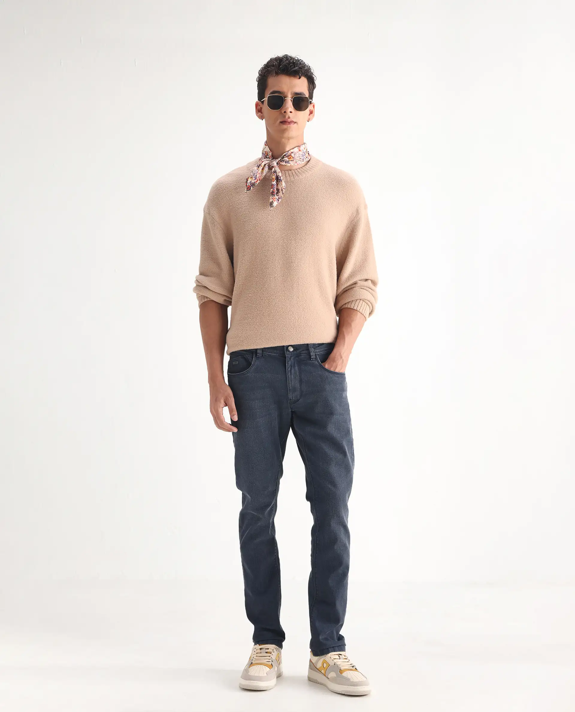 Rare Rabbit Men's Colmer Dusky Blue Cotton Plain Hawk Slim Fit Jeans