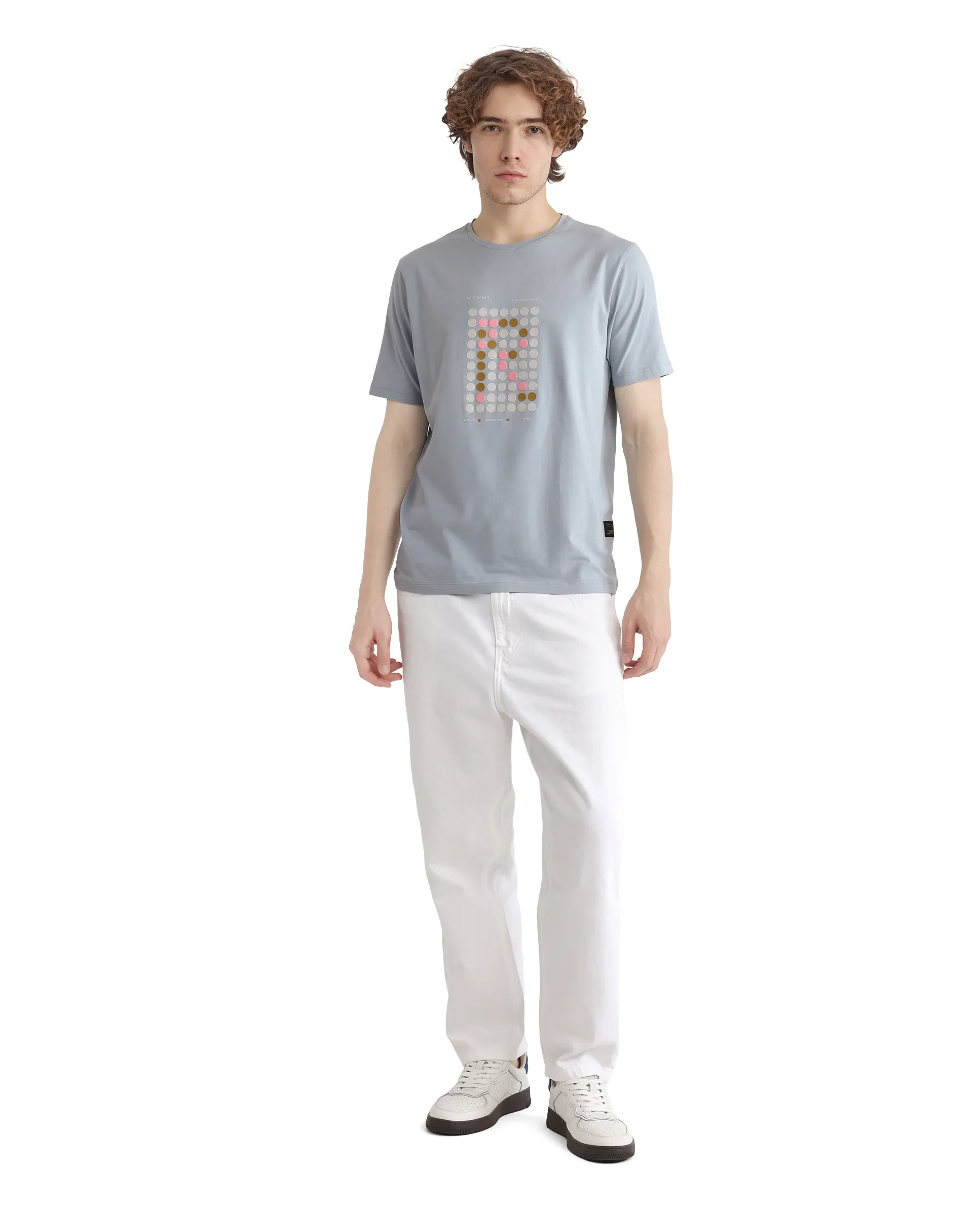 Rare Rabbit Men's Colos Light Blue Cotton Blend Graphic Print Regular Fit Half Sleeve Crew Neck T-Shirt - Image 2