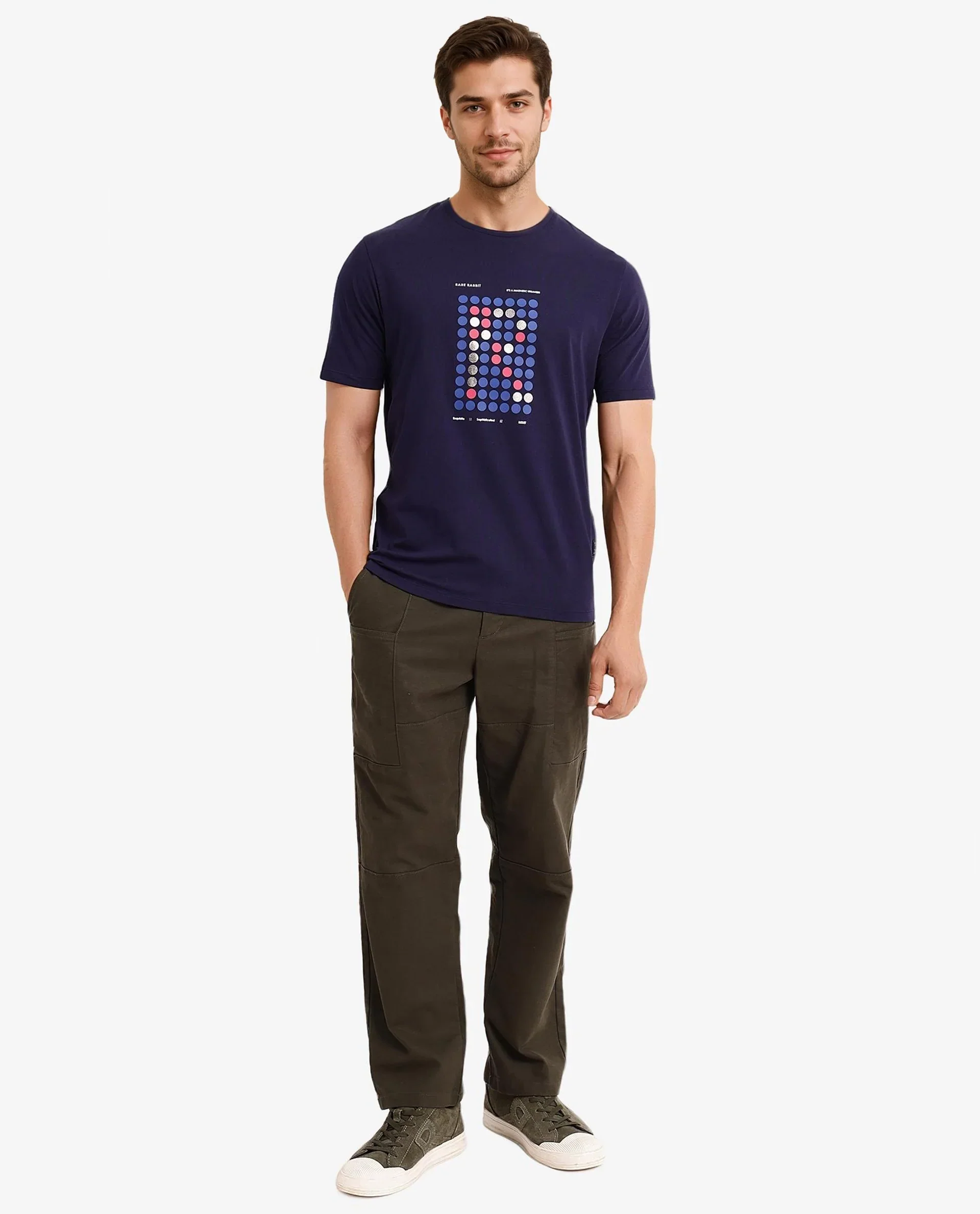 Rare Rabbit Men's Colos Navy Cotton Graphic Print Regular Fit Half Sleeve Crew Neck T-Shirt - Image 2