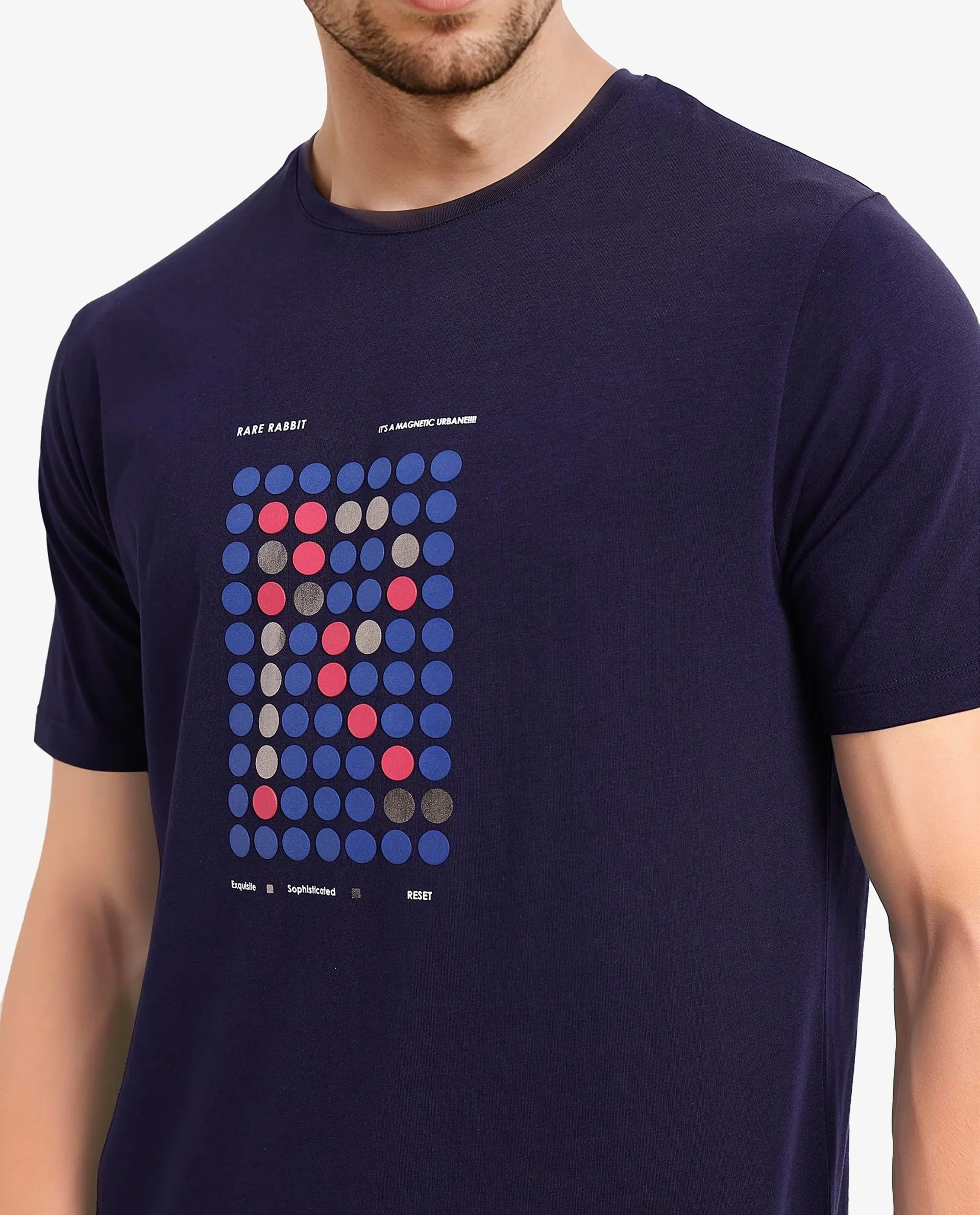 Rare Rabbit Men's Colos Navy Cotton Graphic Print Regular Fit Half Sleeve Crew Neck T-Shirt - Image 3