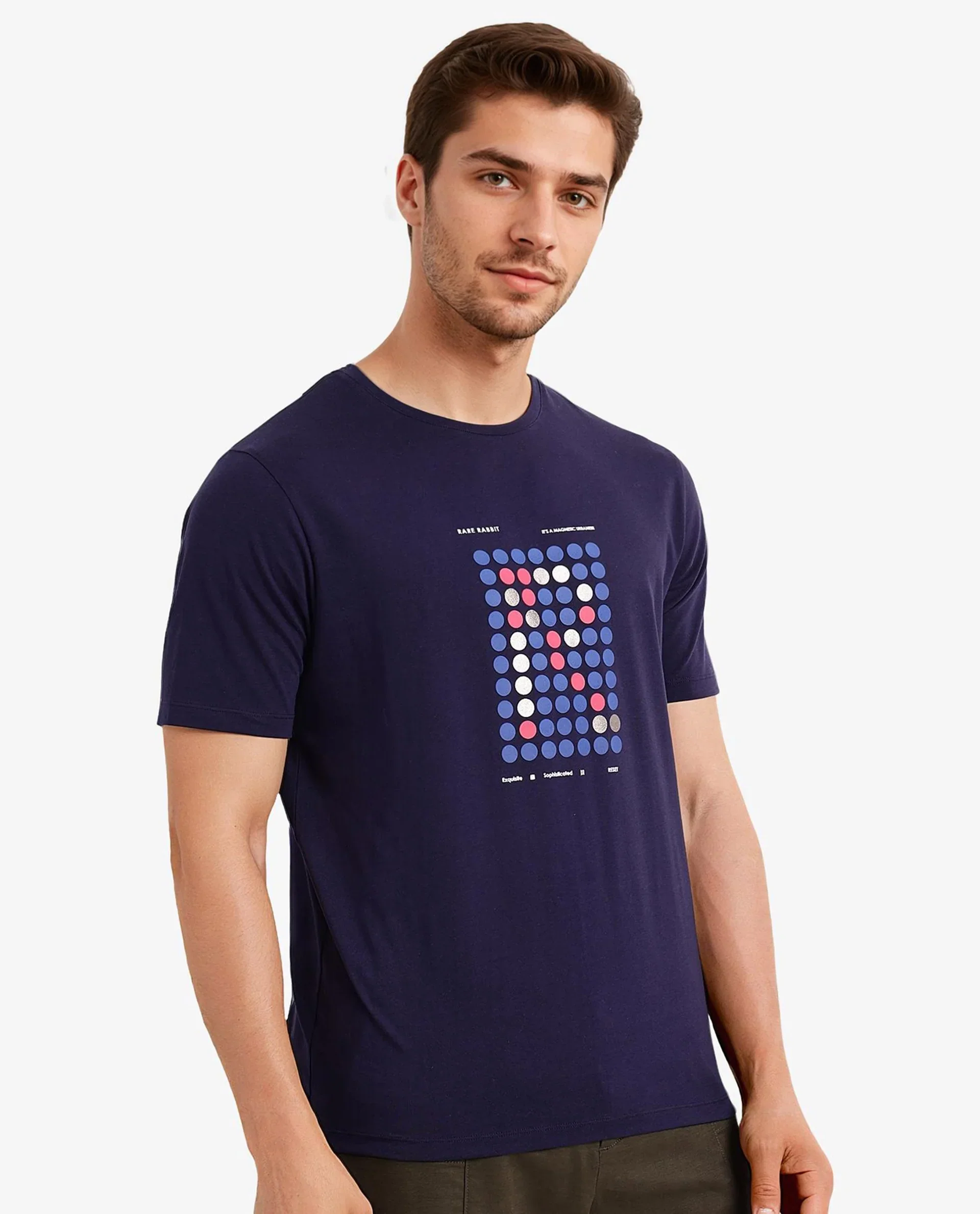 Rare Rabbit Men's Colos Navy Cotton Graphic Print Regular Fit Half Sleeve Crew Neck T-Shirt - Image 5