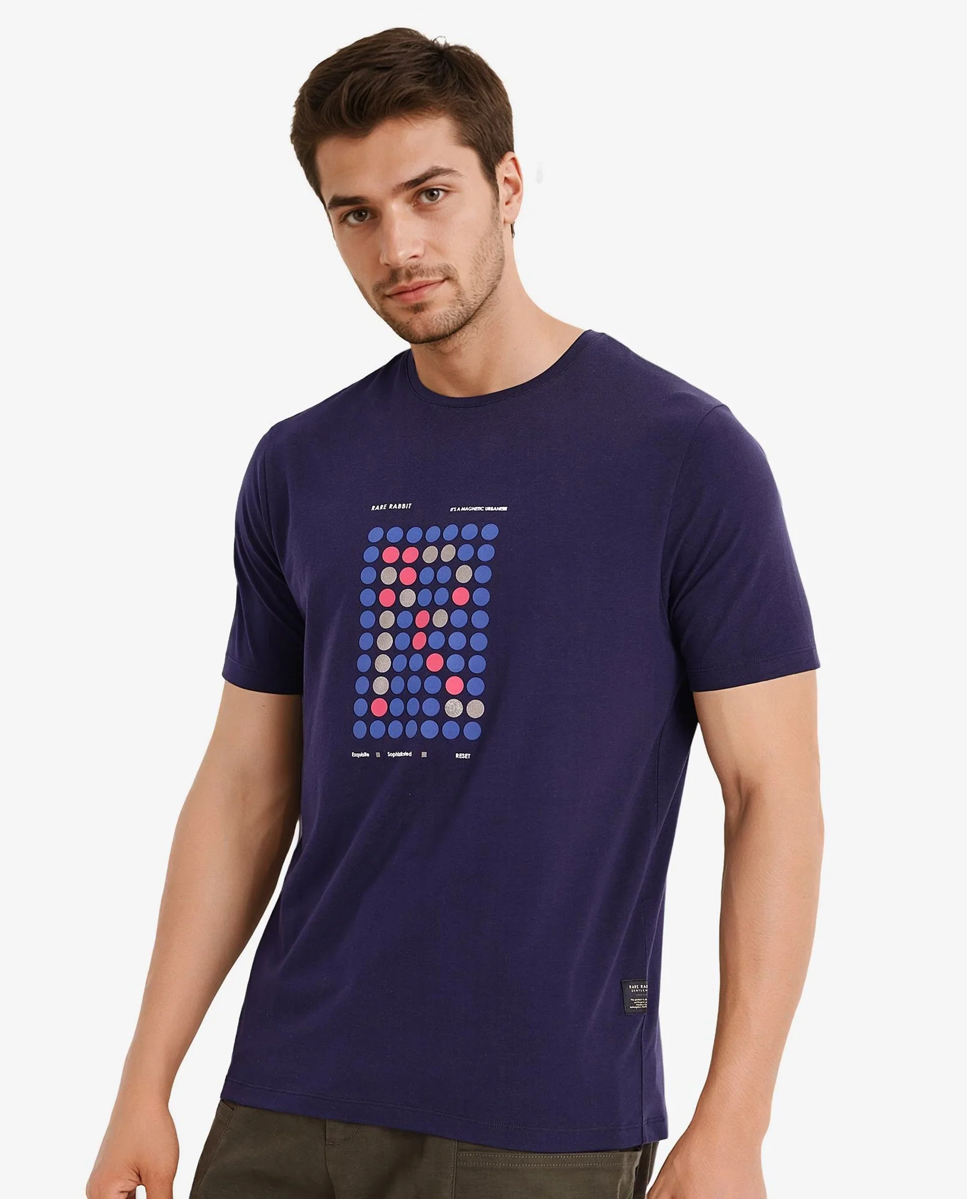 Rare Rabbit Men's Colos Navy Cotton Graphic Print Regular Fit Half Sleeve Crew Neck T-Shirt - Image 7