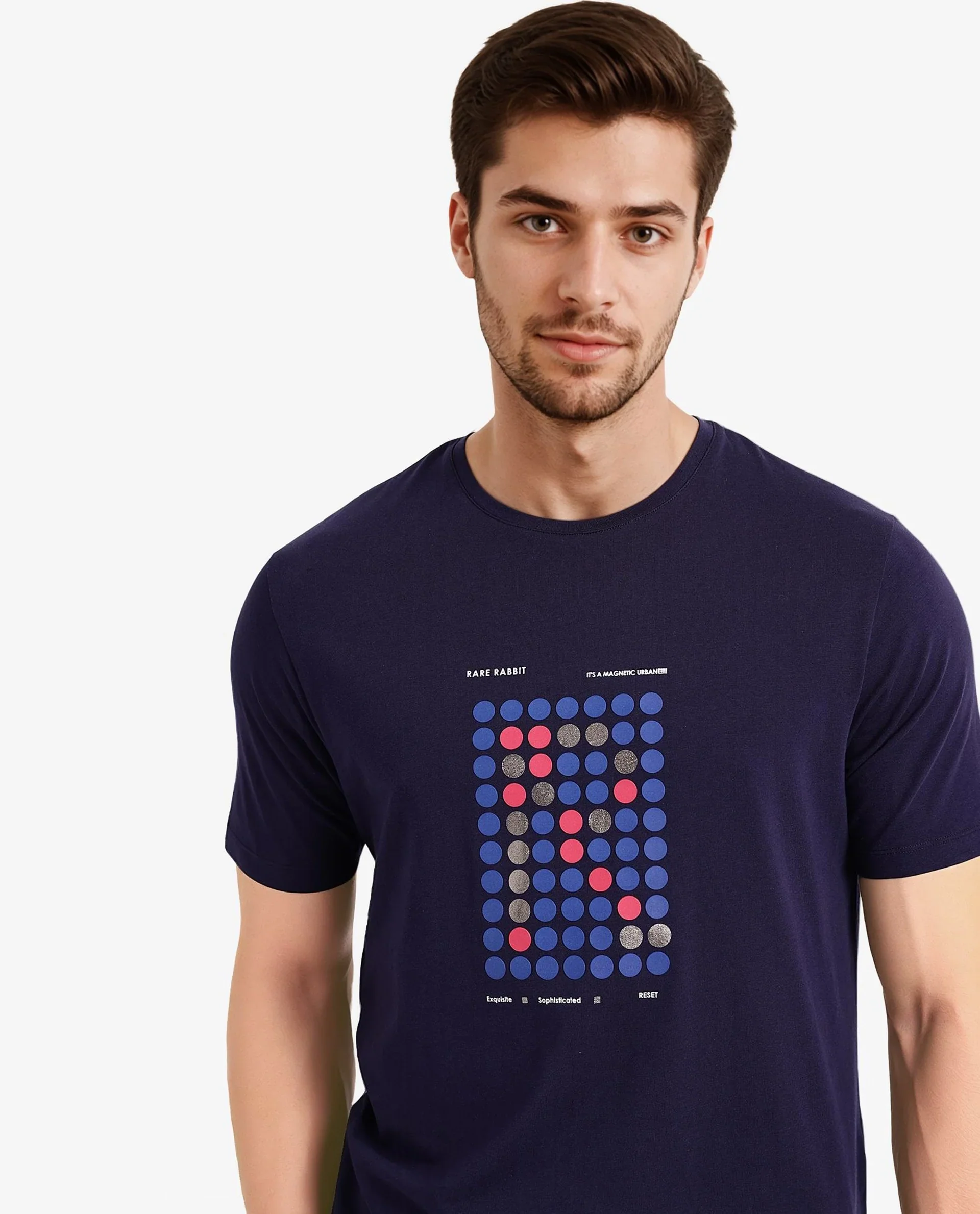 Rare Rabbit Men's Colos Navy Cotton Graphic Print Regular Fit Half Sleeve Crew Neck T-Shirt - Image 8