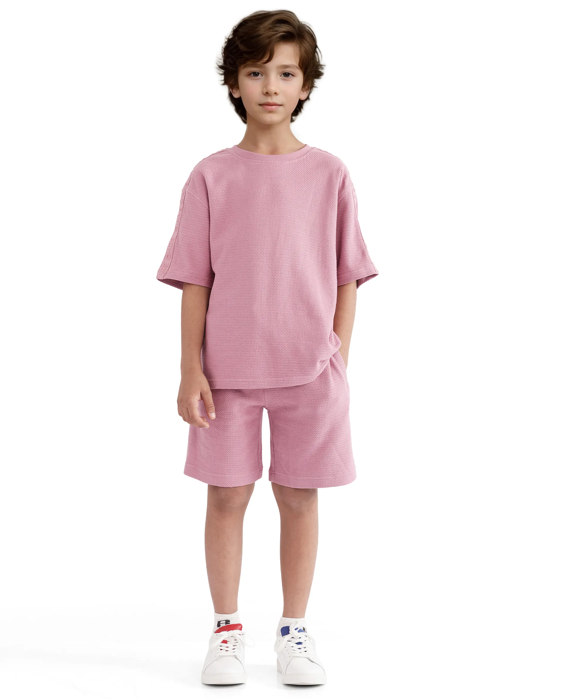 Rare Ones Kids Cols Pink Cotton Half Sleeves Crew Neck Oversized Fit Textured Solid T-Shirt - Image 3