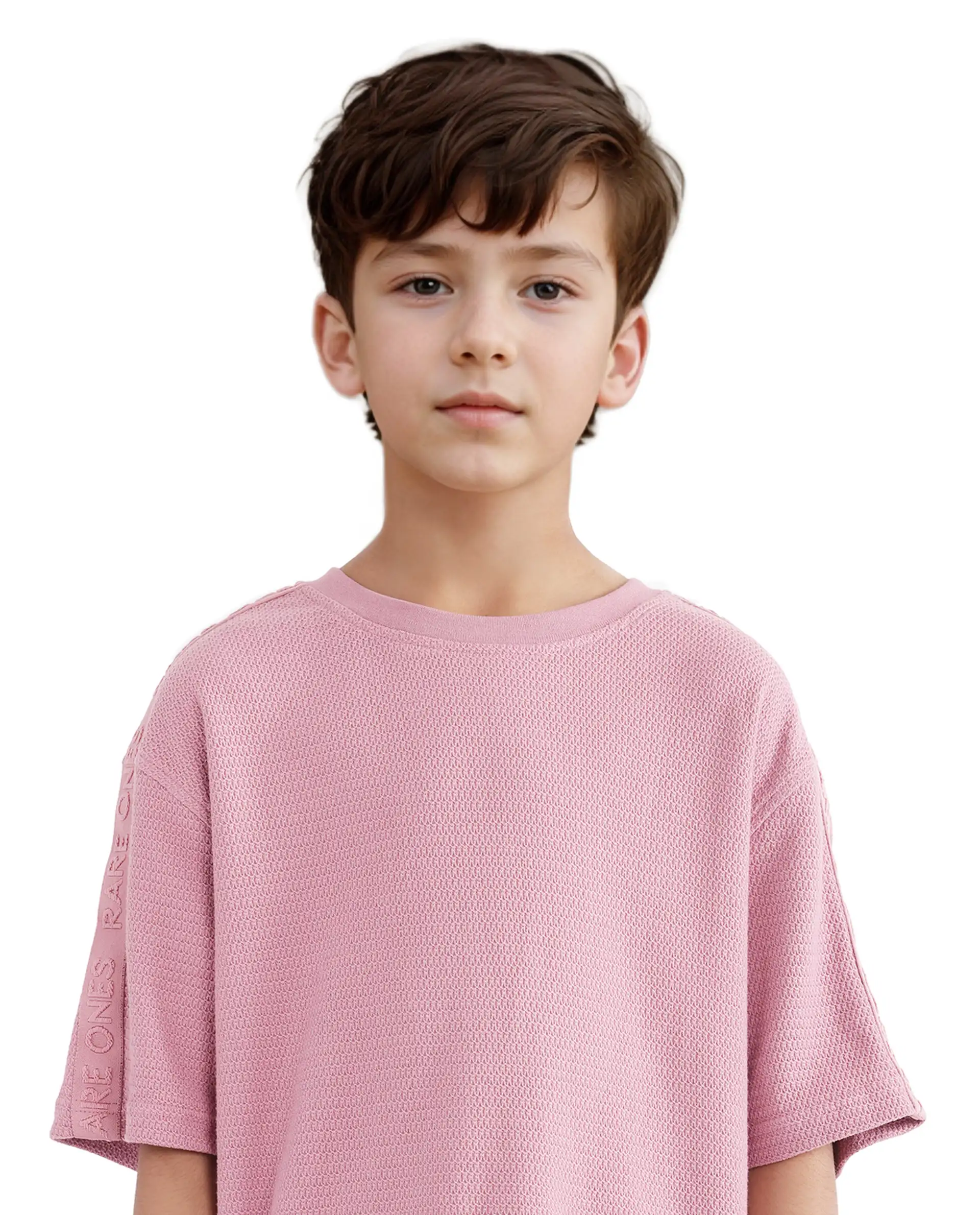 Rare Ones Kids Cols Pink Cotton Half Sleeves Crew Neck Oversized Fit Textured Solid T-Shirt - Image 4