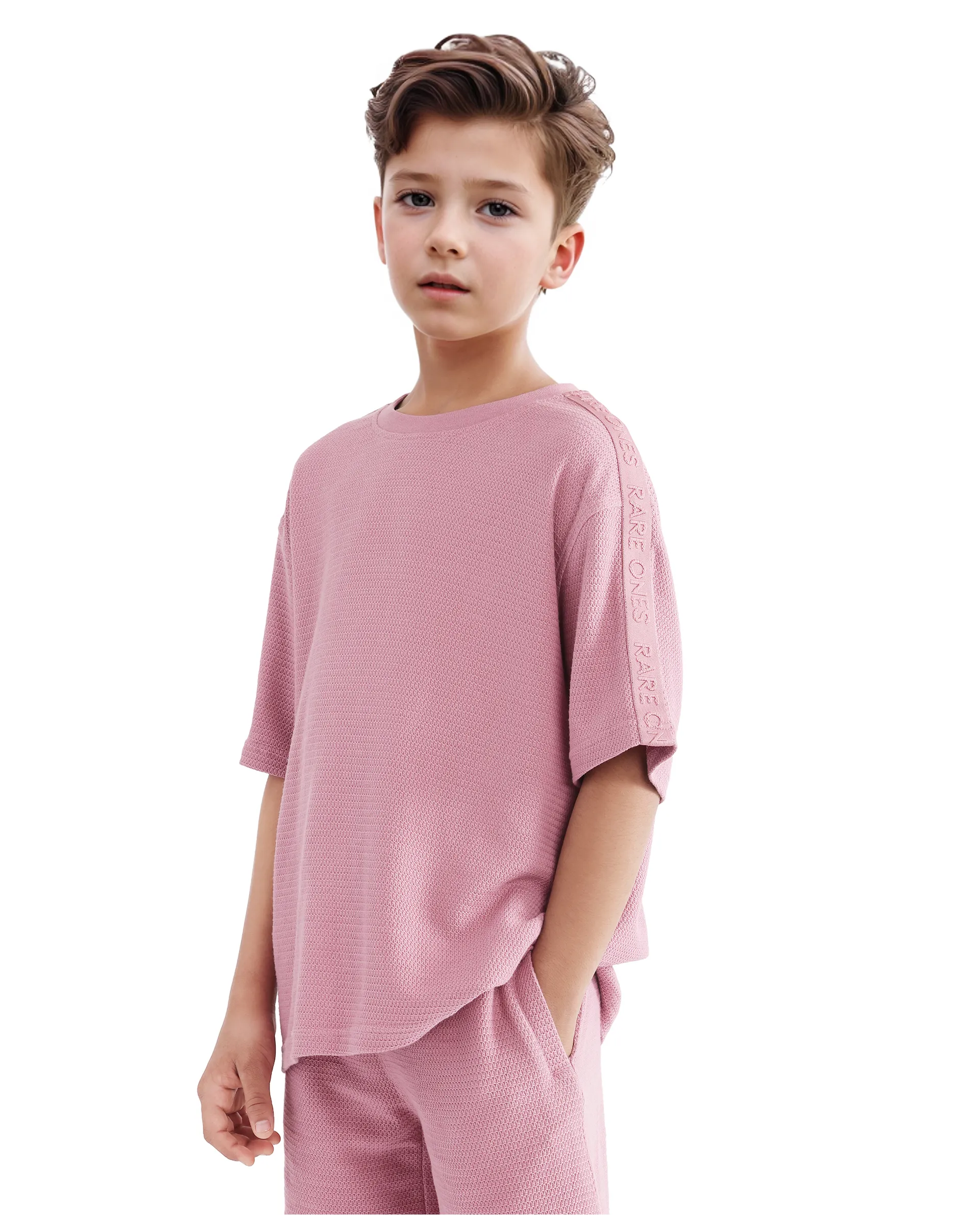 Rare Ones Kids Cols Pink Cotton Half Sleeves Crew Neck Oversized Fit Textured Solid T-Shirt - Image 5