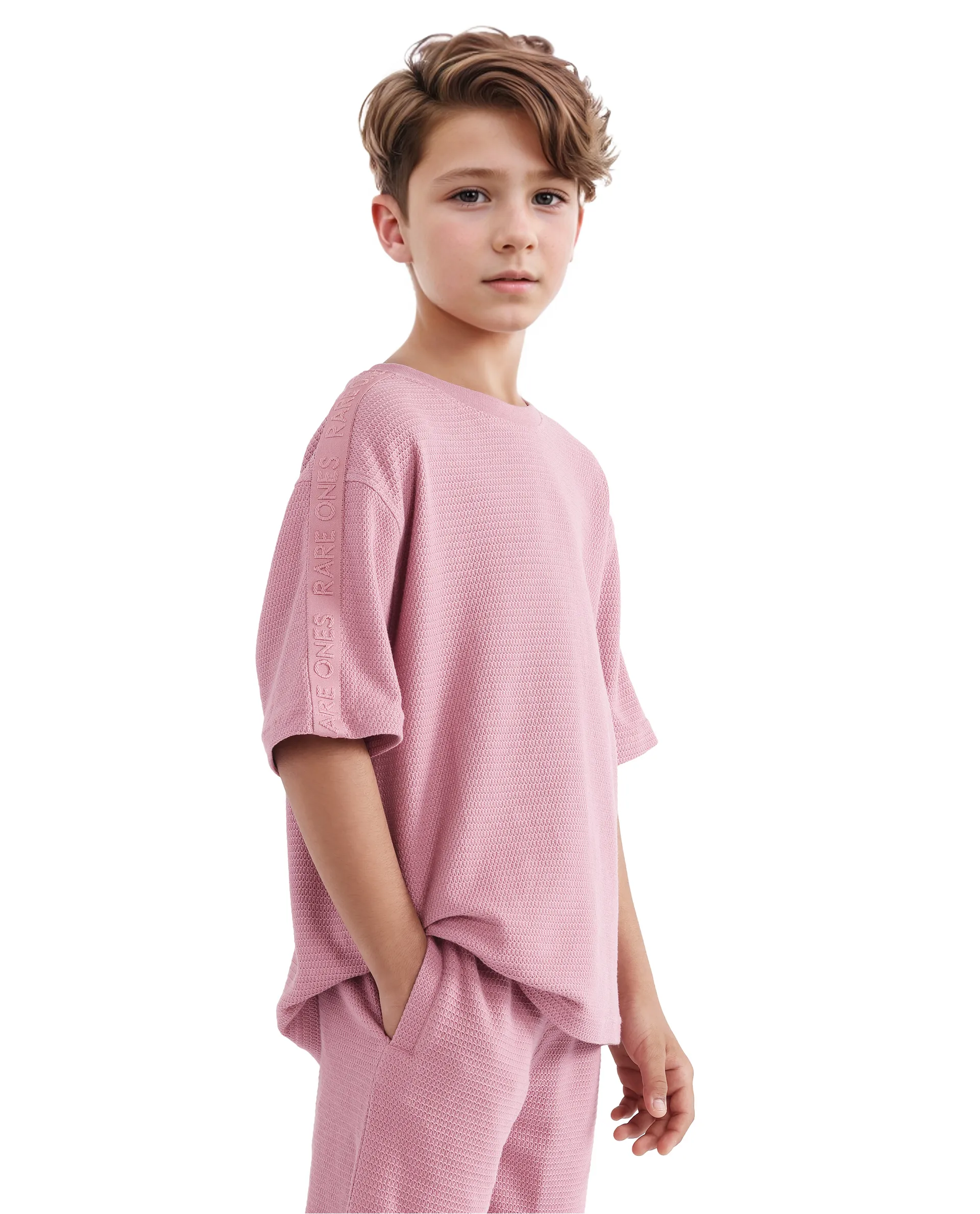 Rare Ones Kids Cols Pink Cotton Half Sleeves Crew Neck Oversized Fit Textured Solid T-Shirt - Image 6