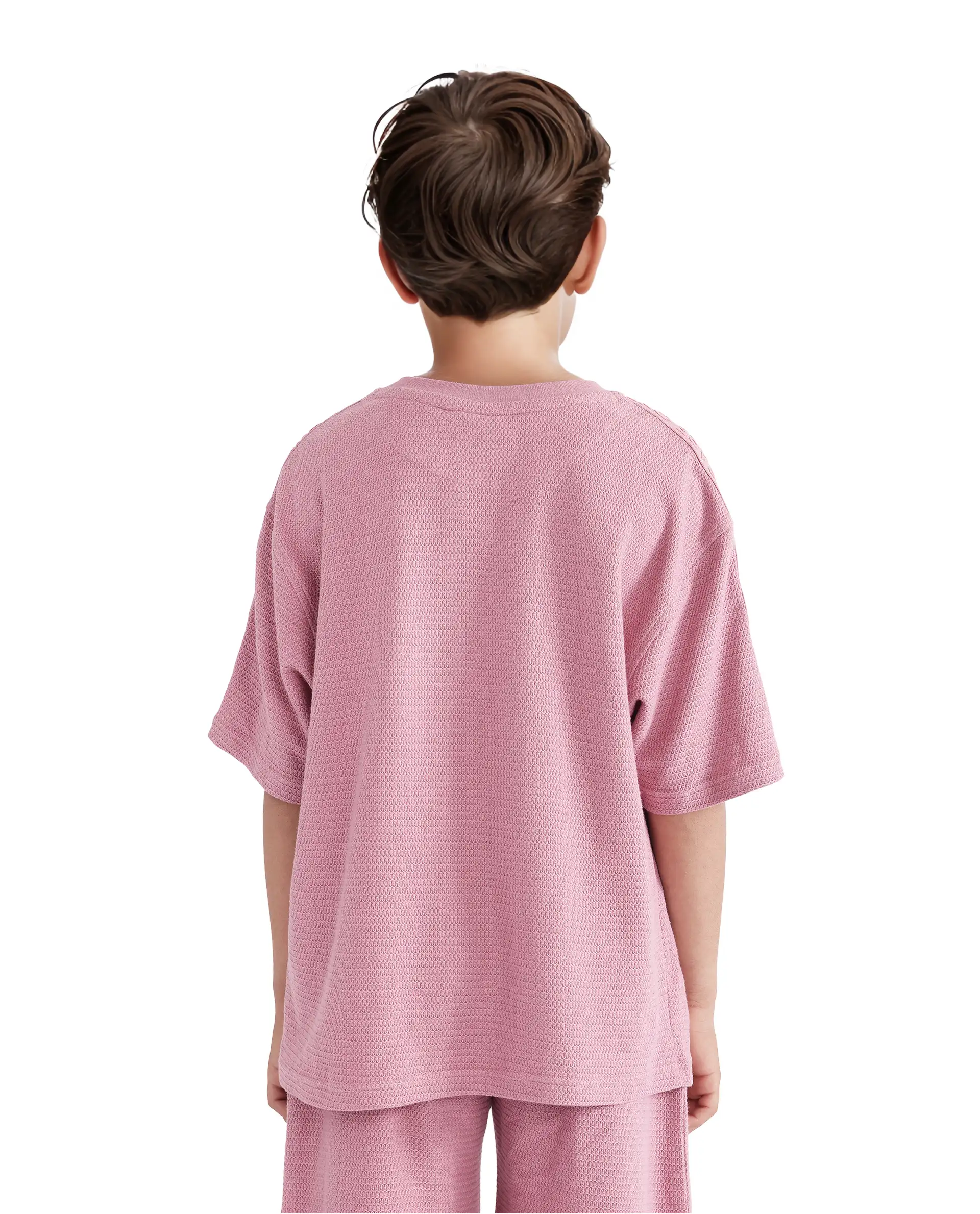 Rare Ones Kids Cols Pink Cotton Half Sleeves Crew Neck Oversized Fit Textured Solid T-Shirt - Image 8