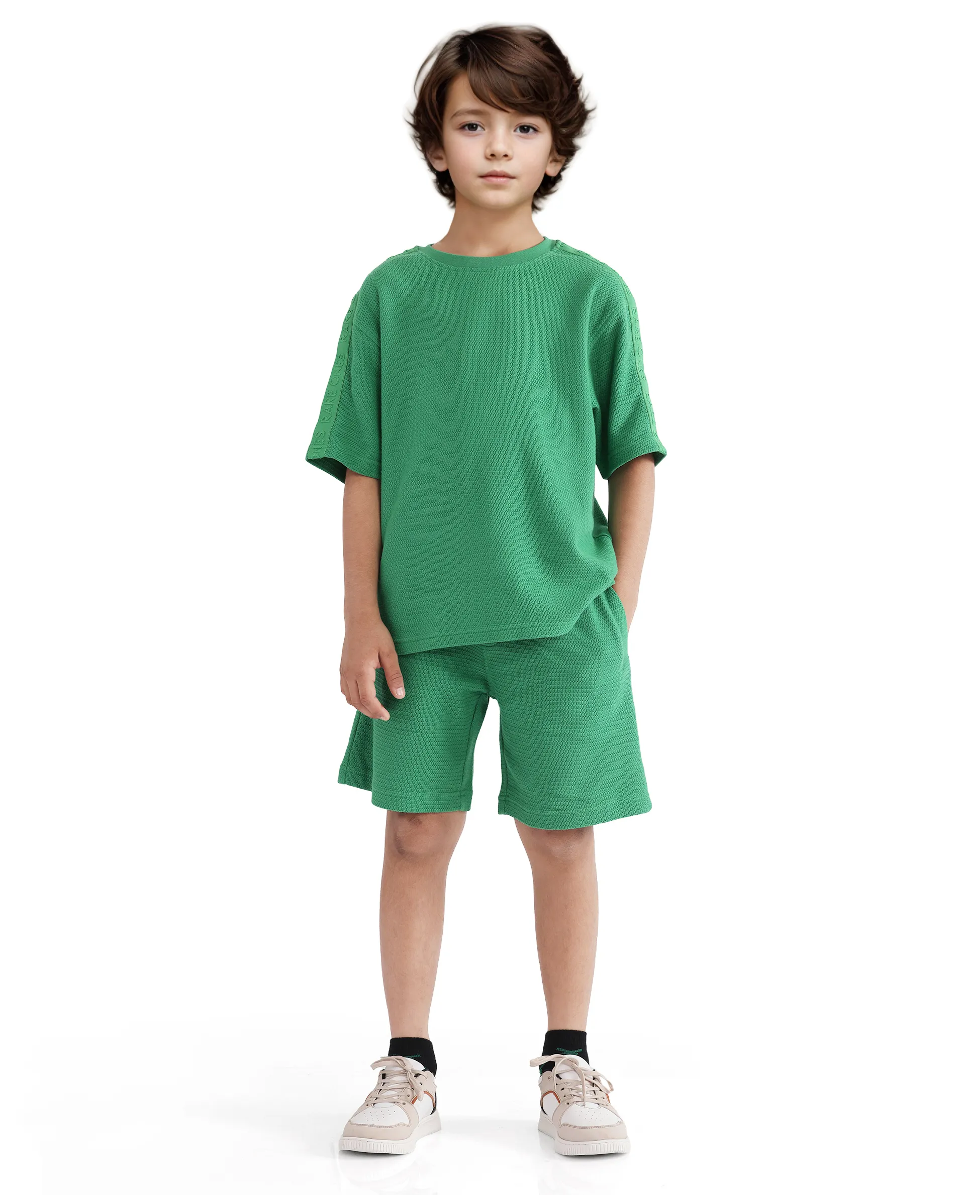 Rare Ones Kids Cols Green Cotton Half Sleeves Crew Neck Oversized Fit Textured Solid T-Shirt - Image 2