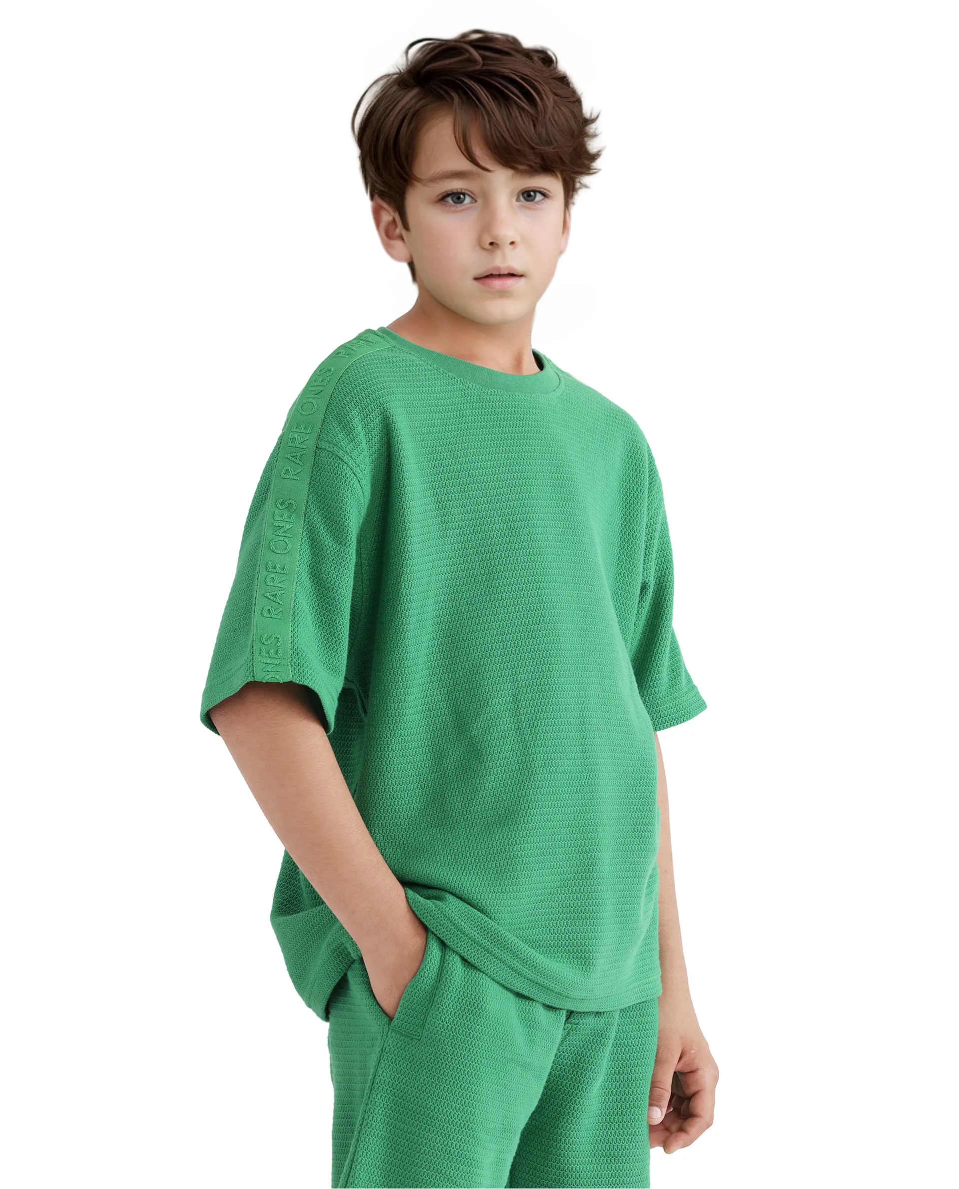 Rare Ones Kids Cols Green Cotton Half Sleeves Crew Neck Oversized Fit Textured Solid T-Shirt - Image 3