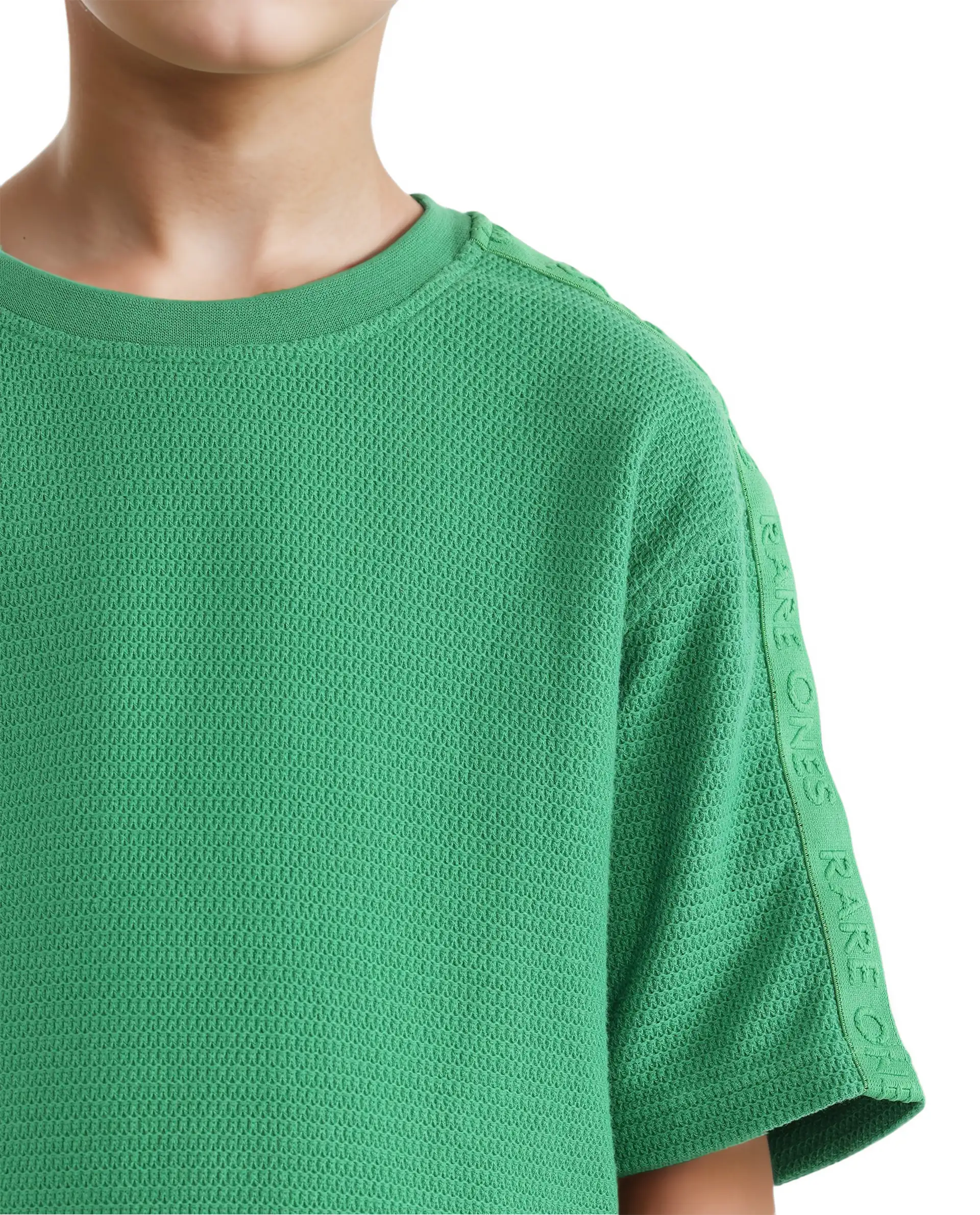 Rare Ones Kids Cols Green Cotton Half Sleeves Crew Neck Oversized Fit Textured Solid T-Shirt - Image 4