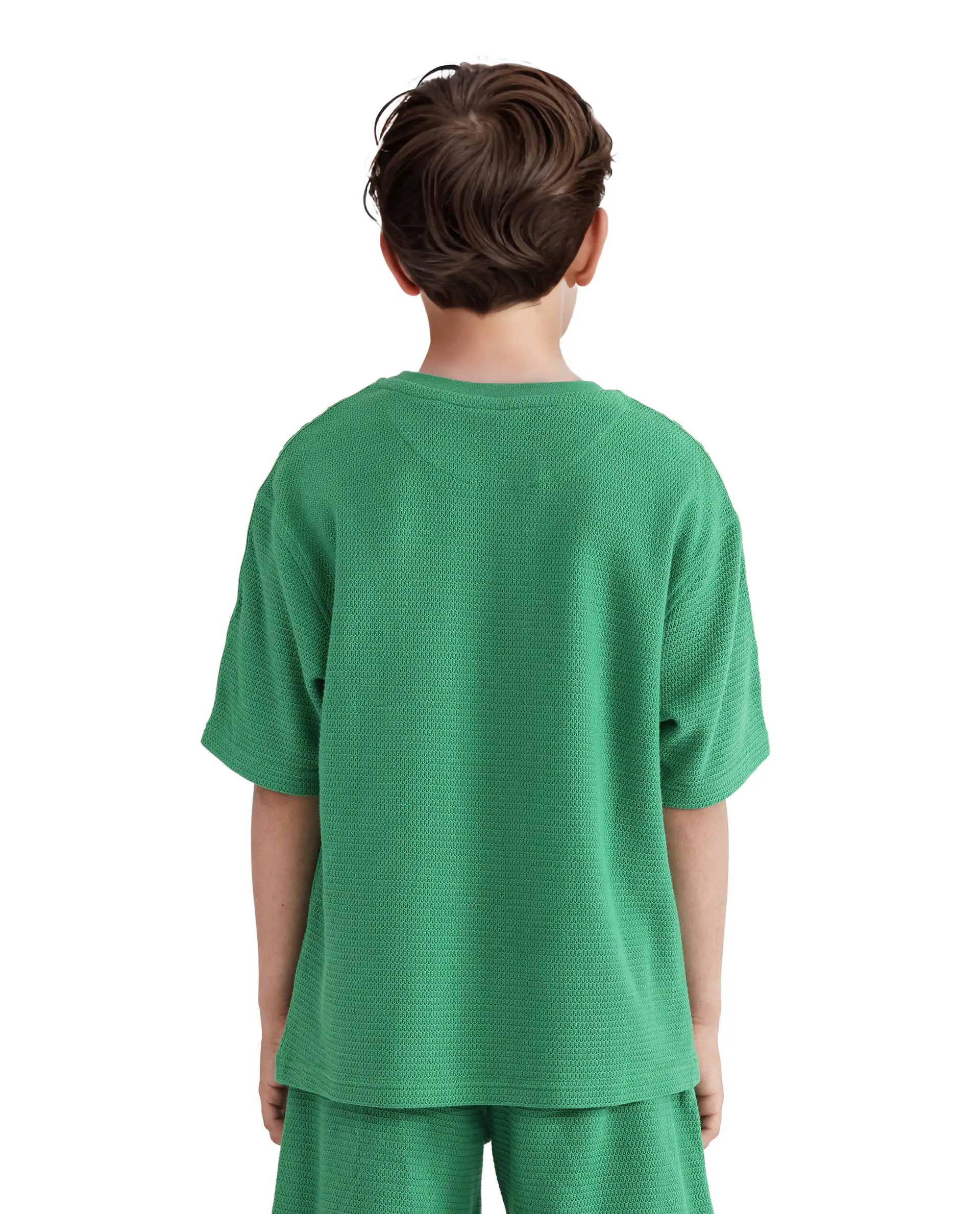 Rare Ones Kids Cols Green Cotton Half Sleeves Crew Neck Oversized Fit Textured Solid T-Shirt - Image 5