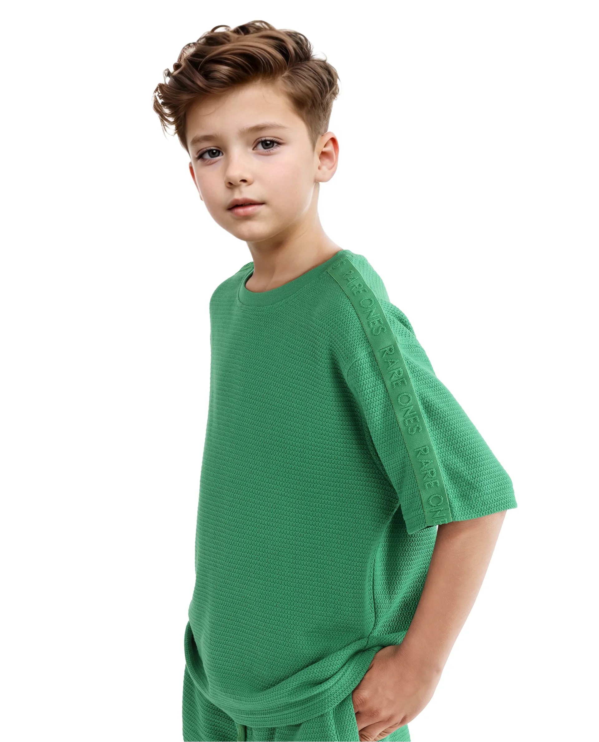 Rare Ones Kids Cols Green Cotton Half Sleeves Crew Neck Oversized Fit Textured Solid T-Shirt - Image 6
