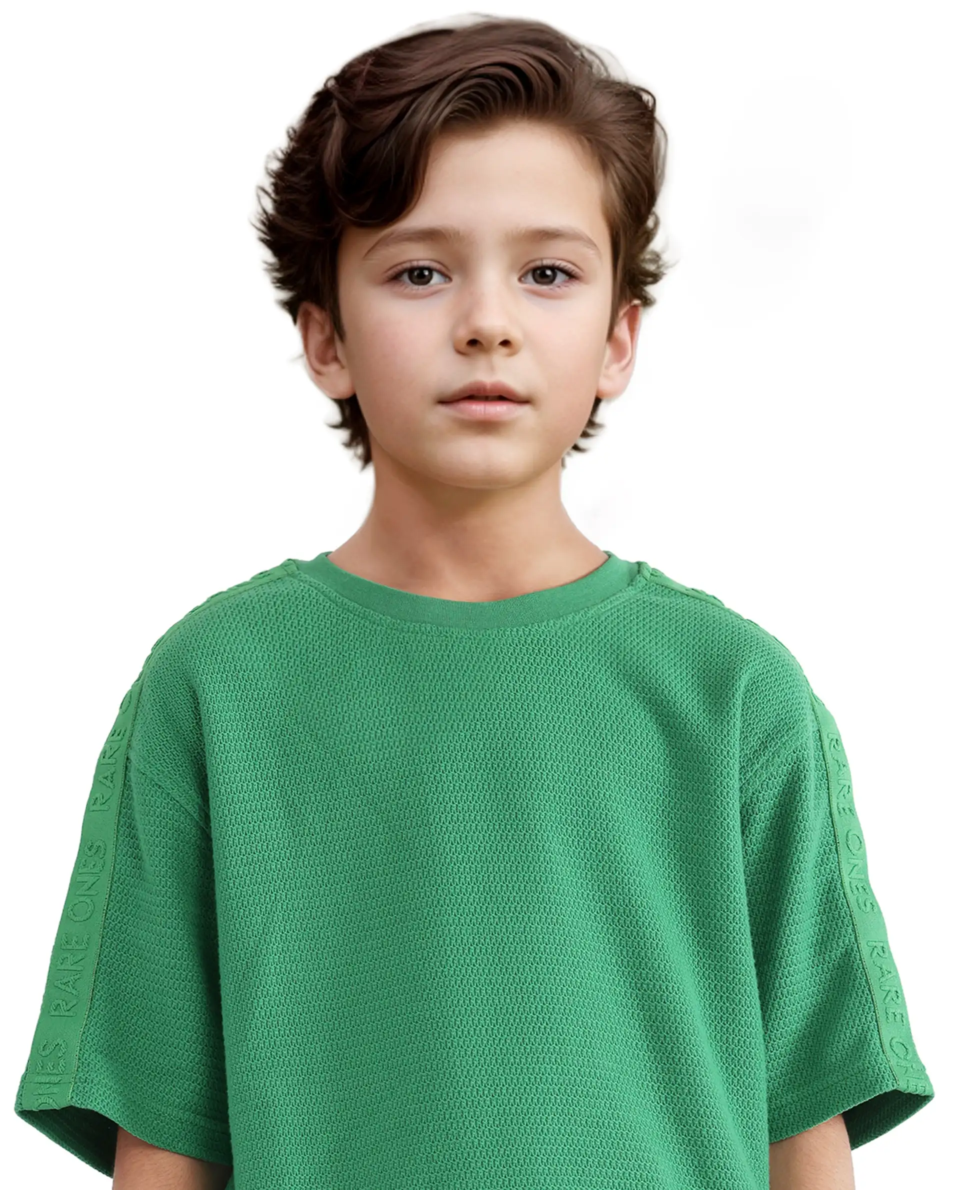 Rare Ones Kids Cols Green Cotton Half Sleeves Crew Neck Oversized Fit Textured Solid T-Shirt - Image 7