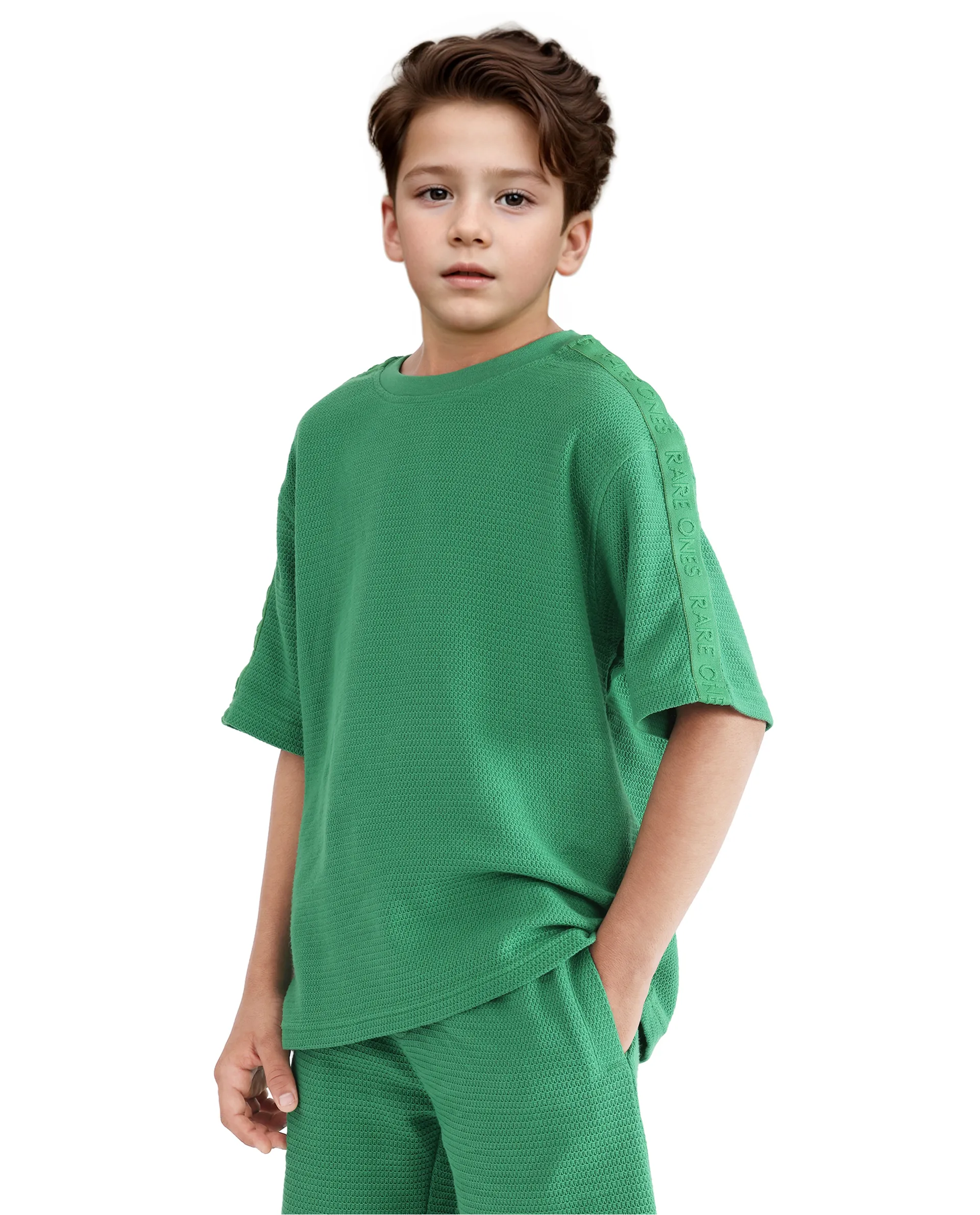 Rare Ones Kids Cols Green Cotton Half Sleeves Crew Neck Oversized Fit Textured Solid T-Shirt - Image 8