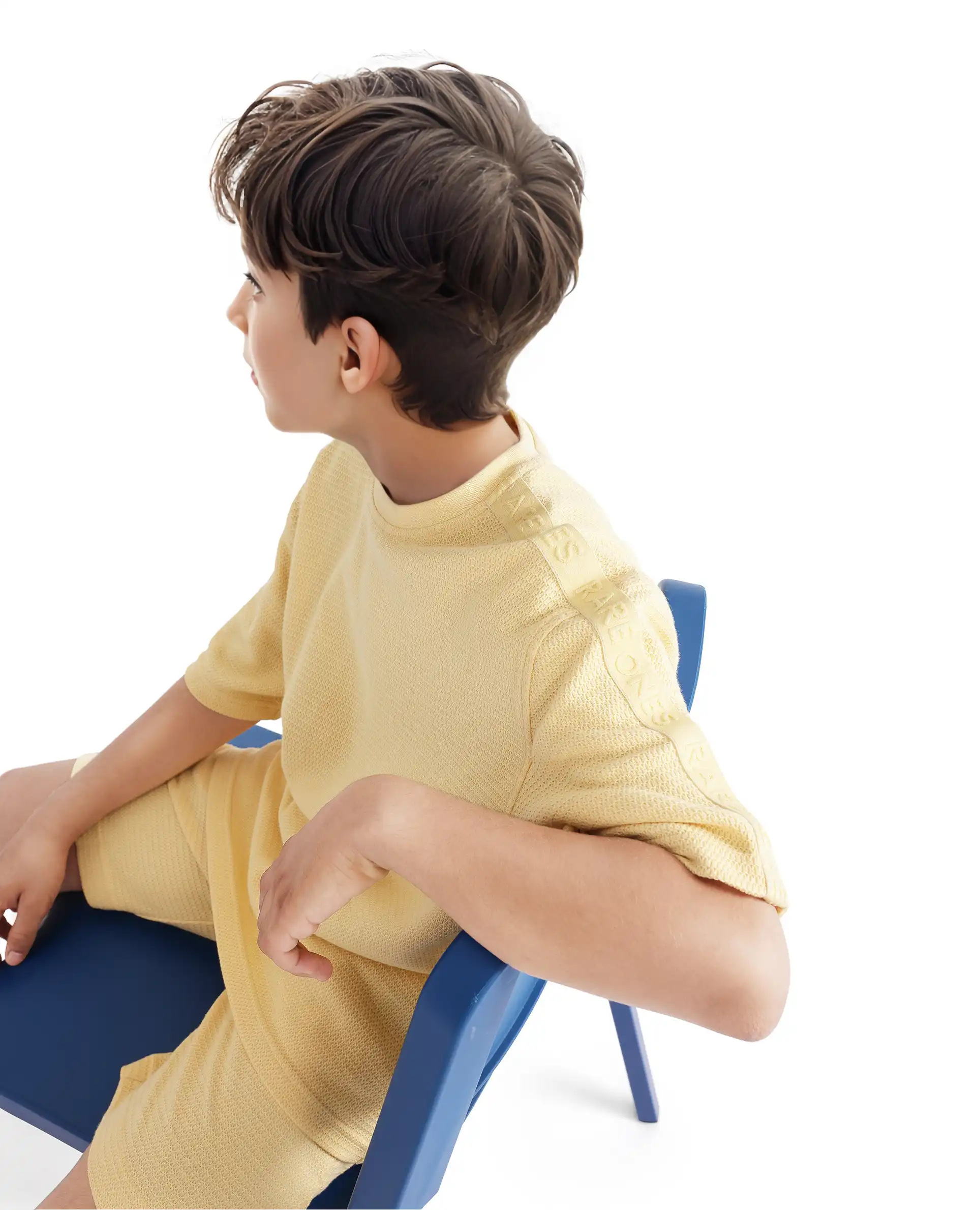 Rare Ones Kids Cols Yellow Cotton Half Sleeves Crew Neck Oversized Fit Textured Solid T-Shirt - Image 2