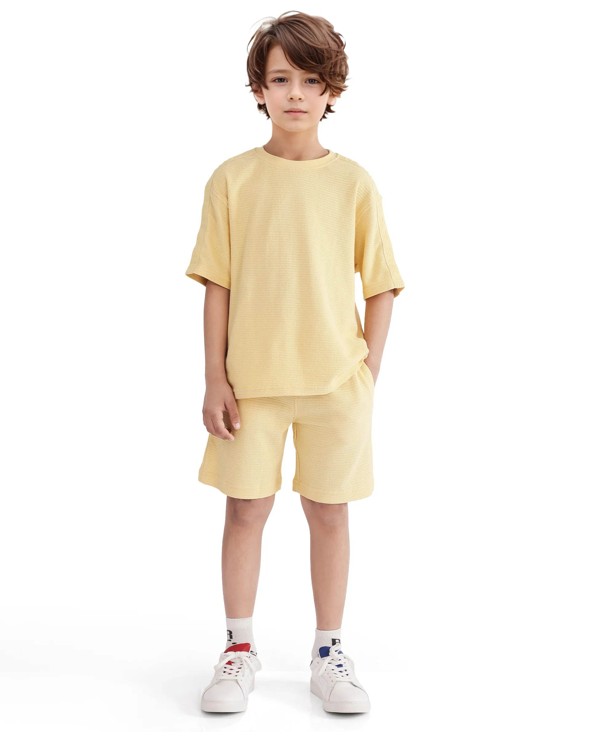 Rare Ones Kids Cols Yellow Cotton Half Sleeves Crew Neck Oversized Fit Textured Solid T-Shirt - Image 3