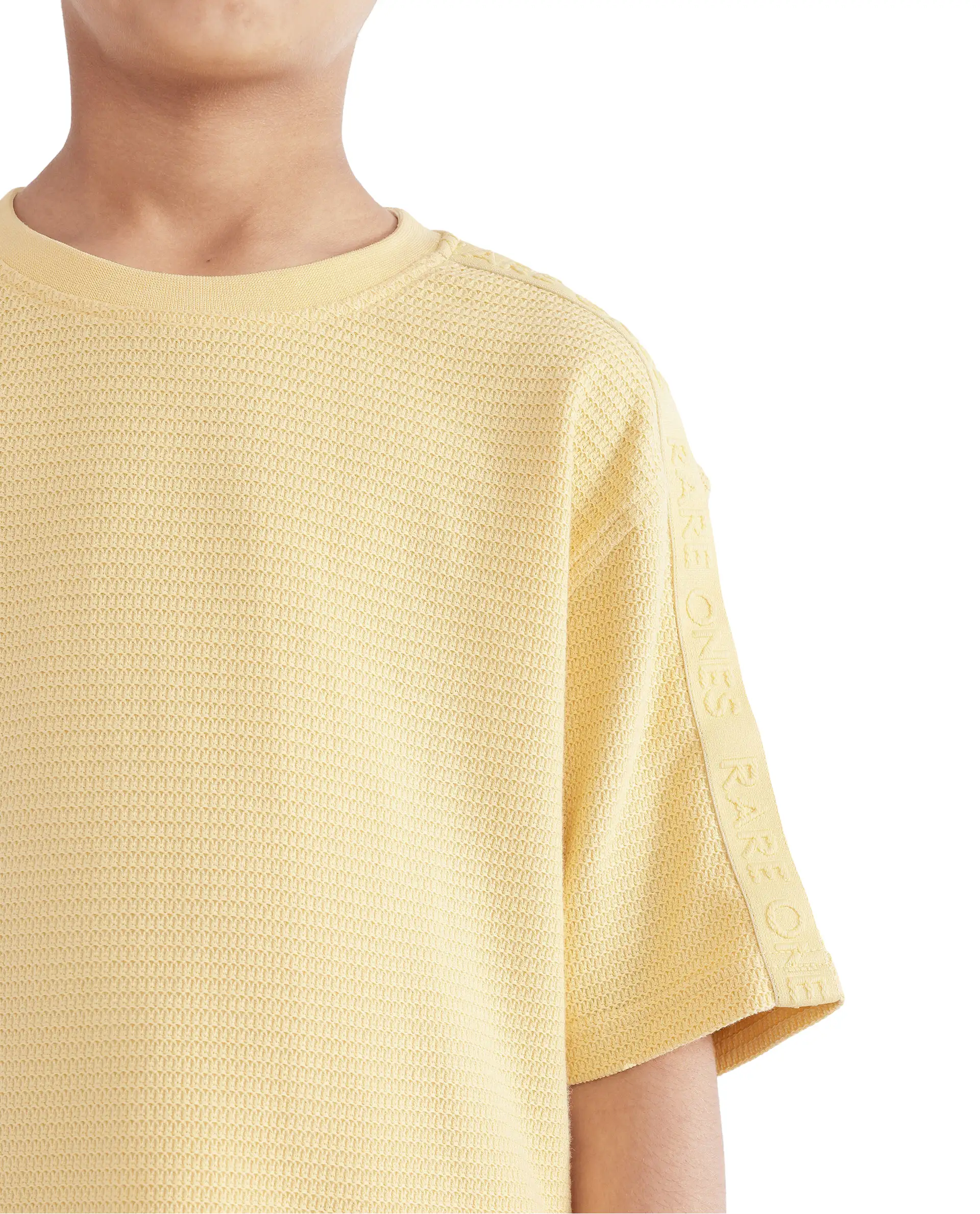 Rare Ones Kids Cols Yellow Cotton Half Sleeves Crew Neck Oversized Fit Textured Solid T-Shirt - Image 4