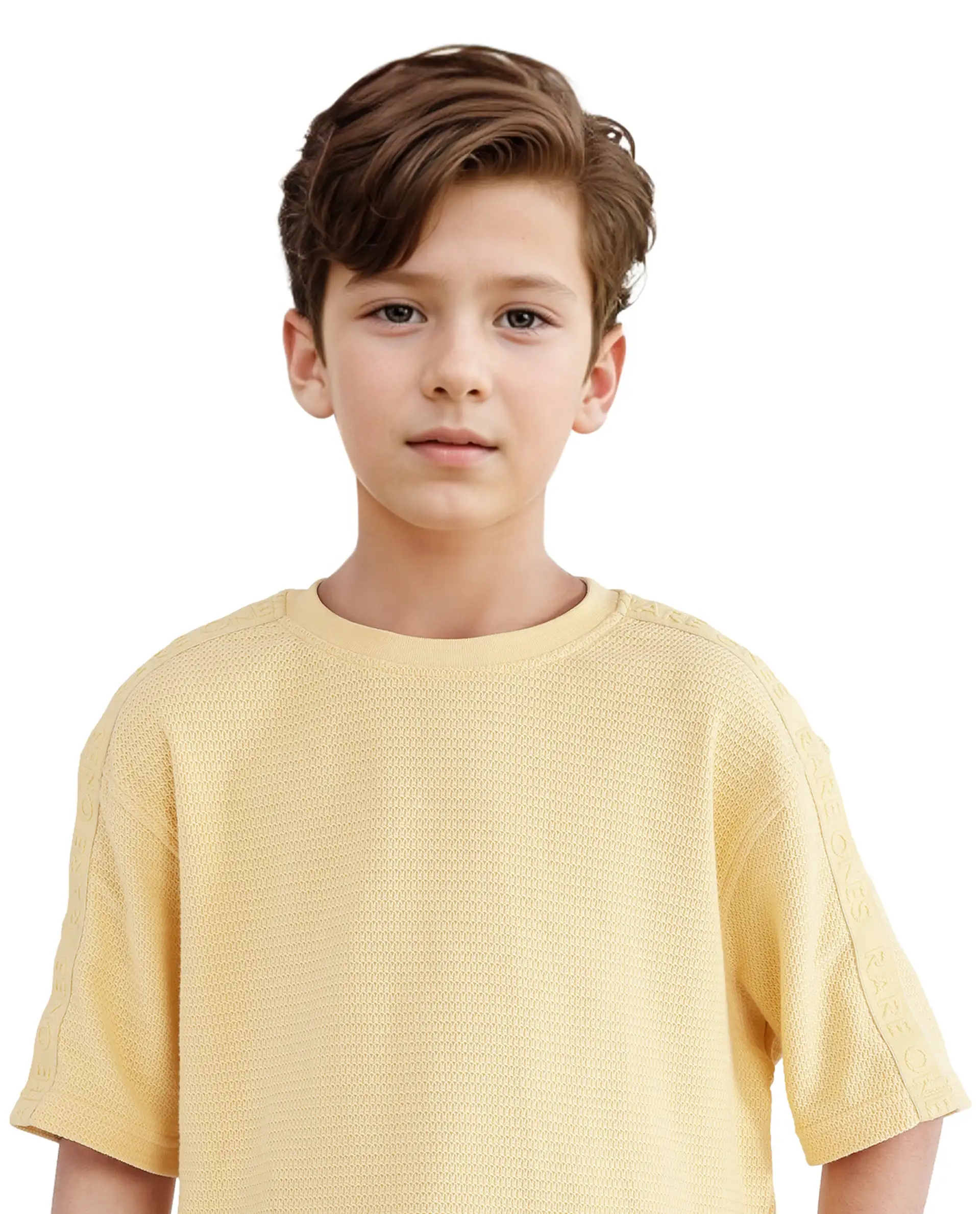 Rare Ones Kids Cols Yellow Cotton Half Sleeves Crew Neck Oversized Fit Textured Solid T-Shirt - Image 5