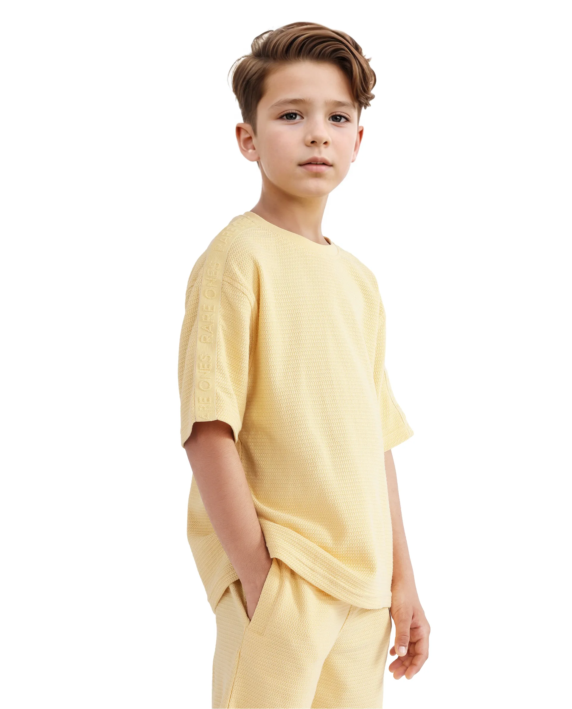 Rare Ones Kids Cols Yellow Cotton Half Sleeves Crew Neck Oversized Fit Textured Solid T-Shirt - Image 6