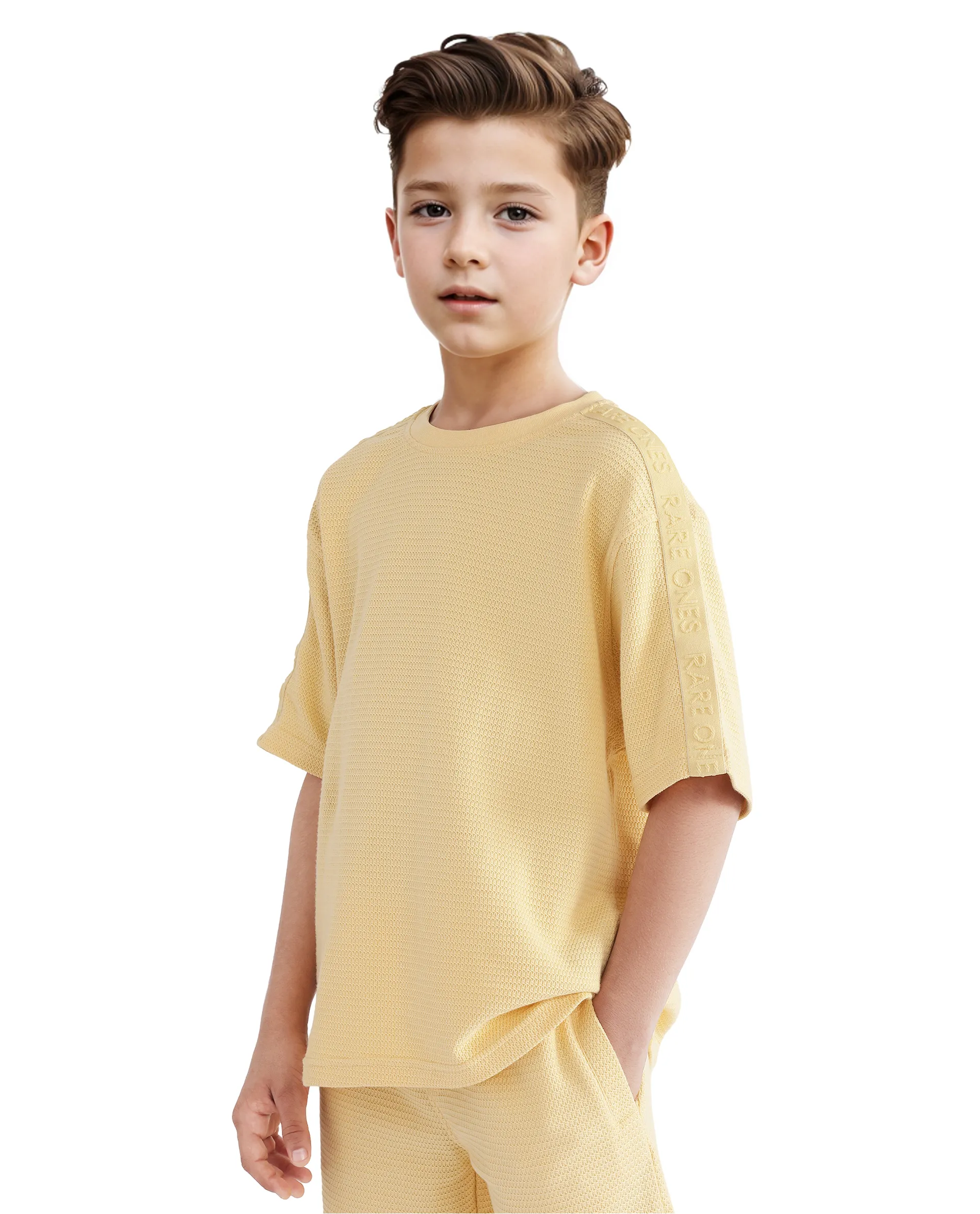 Rare Ones Kids Cols Yellow Cotton Half Sleeves Crew Neck Oversized Fit Textured Solid T-Shirt - Image 7
