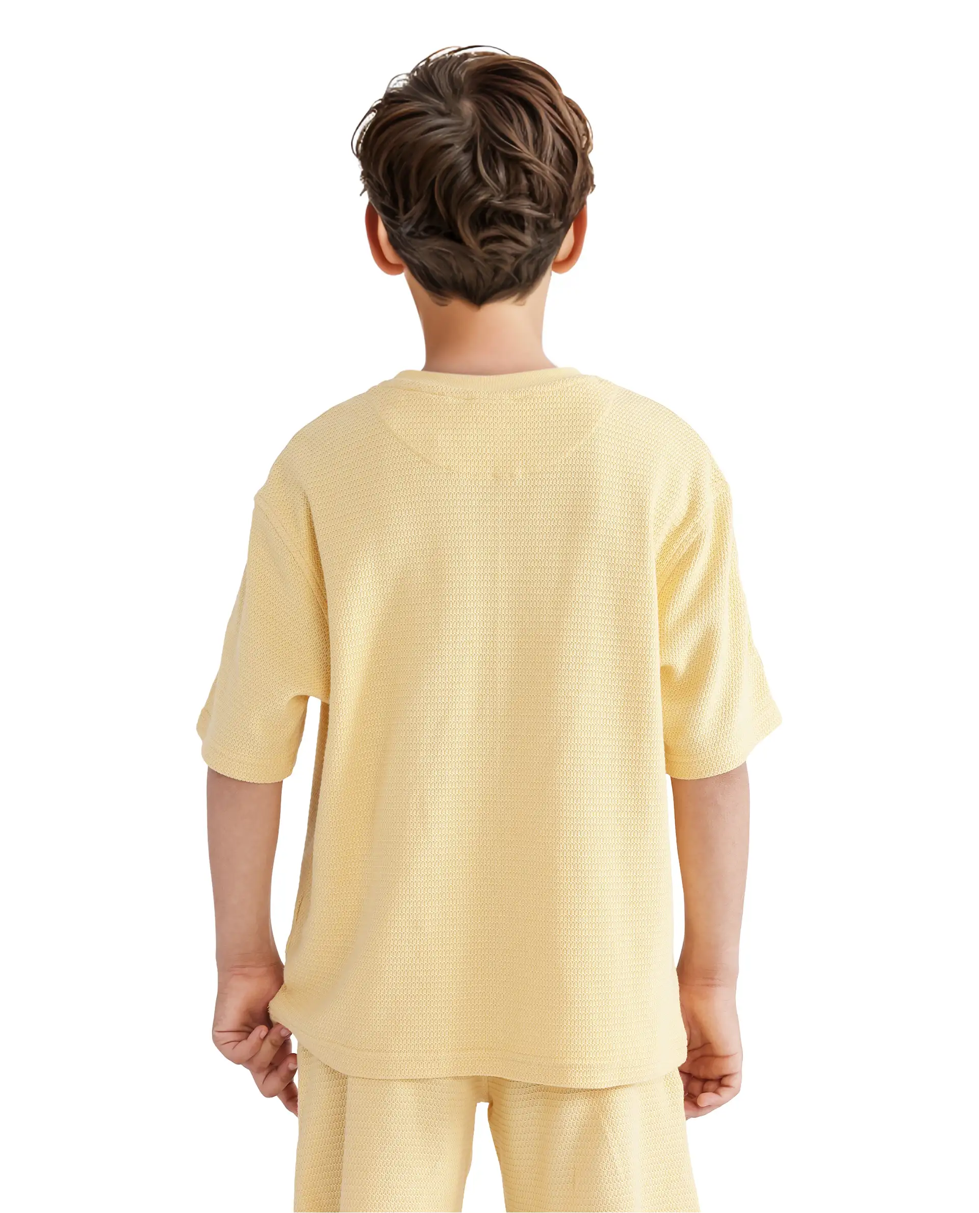 Rare Ones Kids Cols Yellow Cotton Half Sleeves Crew Neck Oversized Fit Textured Solid T-Shirt - Image 8