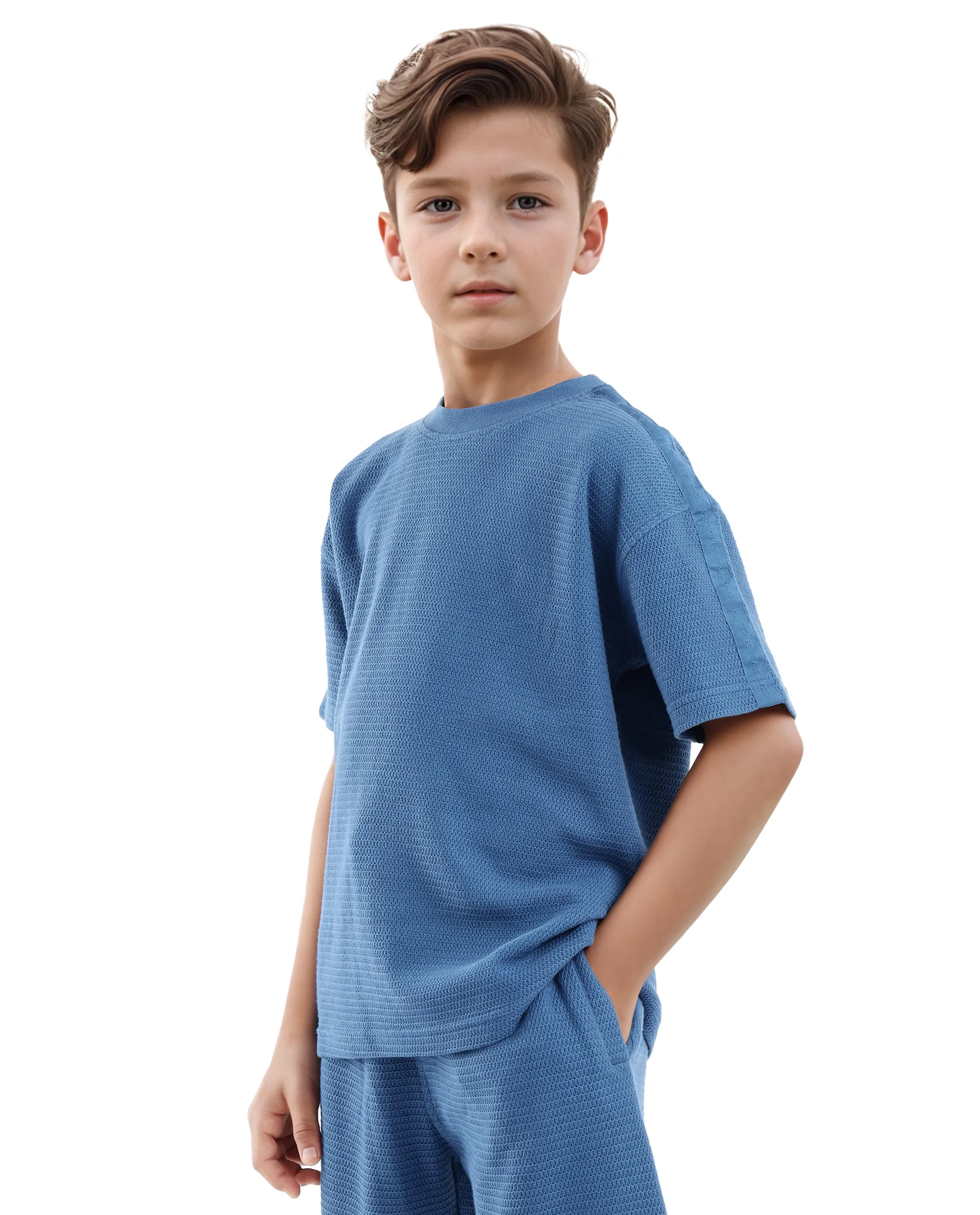 Rare Ones Kids Cols Teal Cotton Half Sleeves Crew Neck Oversized Fit Textured Solid T-Shirt - Image 3