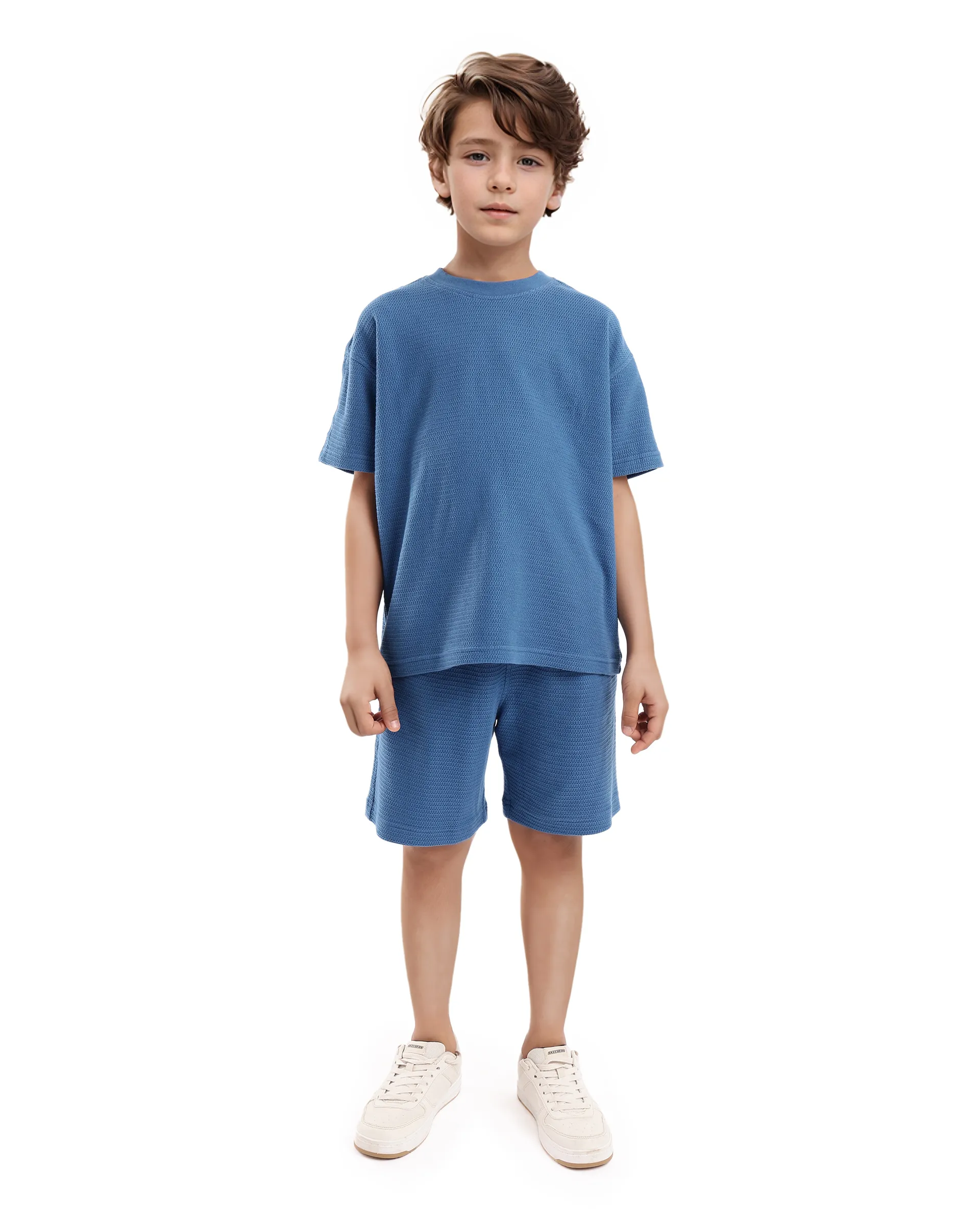 Rare Ones Kids Cols Teal Cotton Half Sleeves Crew Neck Oversized Fit Textured Solid T-Shirt - Image 4