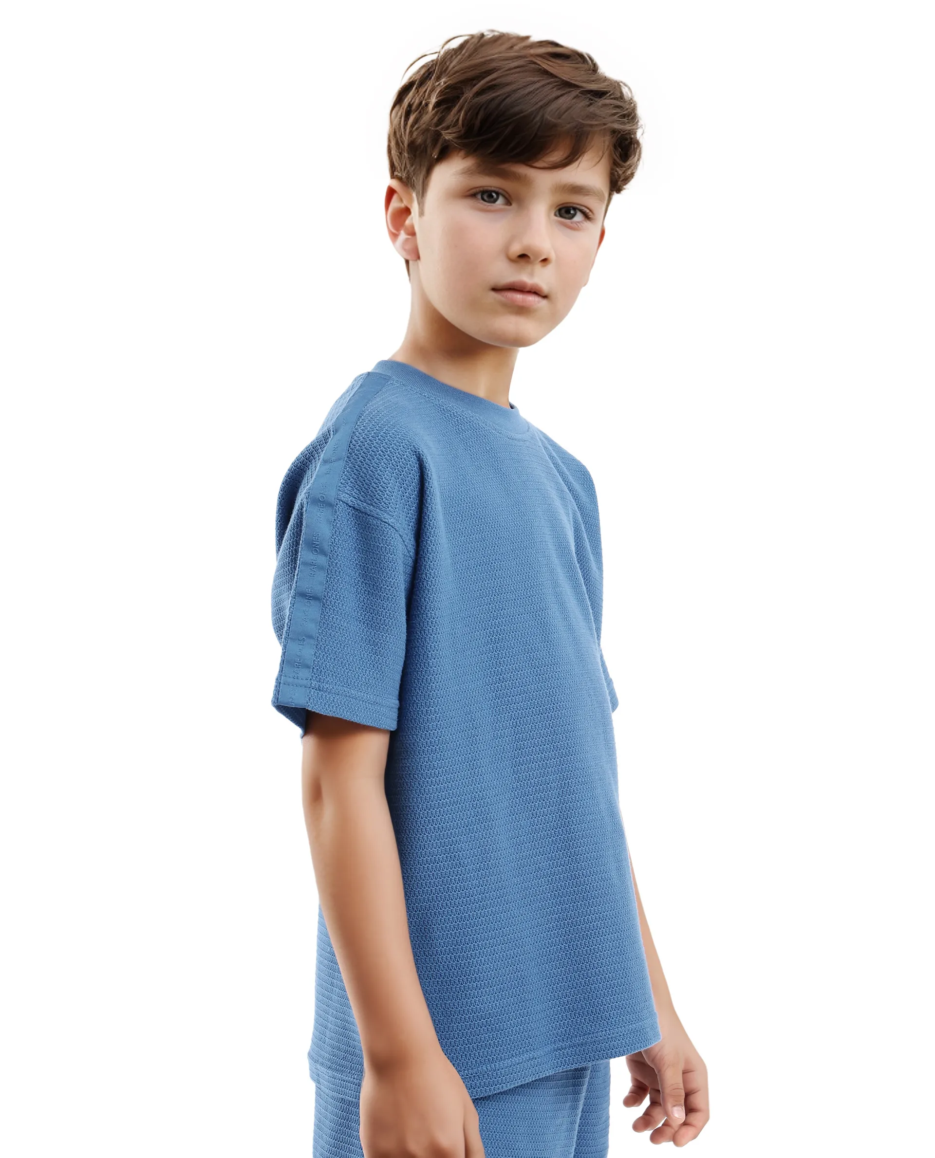 Rare Ones Kids Cols Teal Cotton Half Sleeves Crew Neck Oversized Fit Textured Solid T-Shirt - Image 5