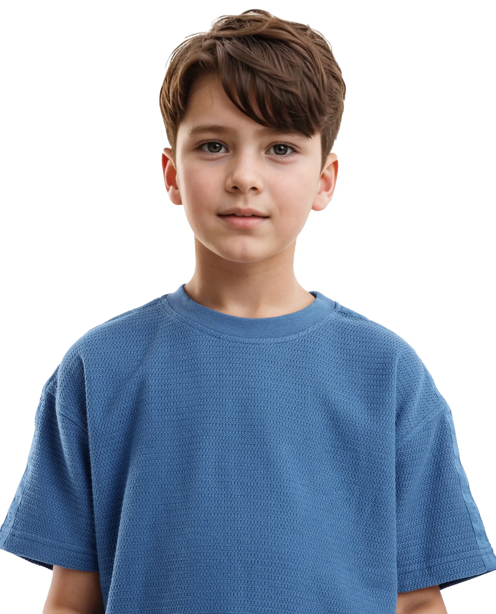 Rare Ones Kids Cols Teal Cotton Half Sleeves Crew Neck Oversized Fit Textured Solid T-Shirt - Image 6
