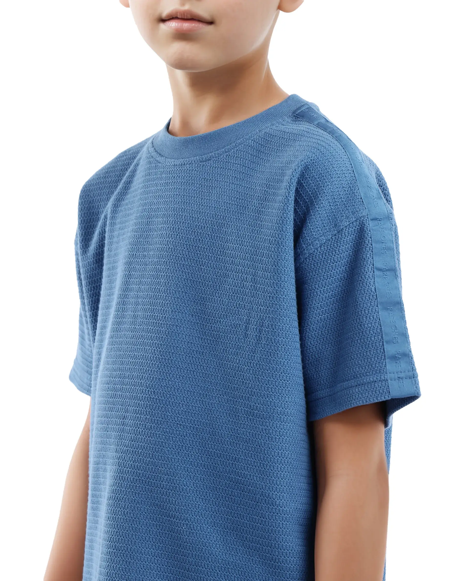 Rare Ones Kids Cols Teal Cotton Half Sleeves Crew Neck Oversized Fit Textured Solid T-Shirt - Image 7