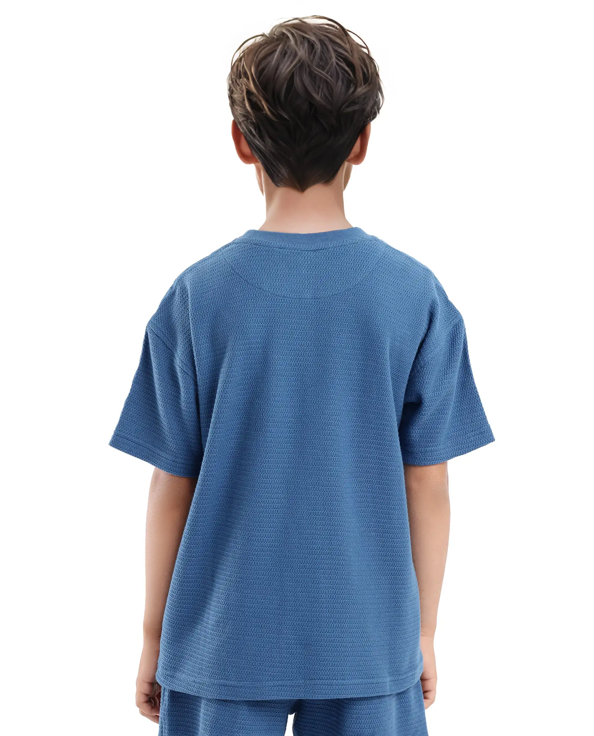 Rare Ones Kids Cols Teal Cotton Half Sleeves Crew Neck Oversized Fit Textured Solid T-Shirt - Image 8