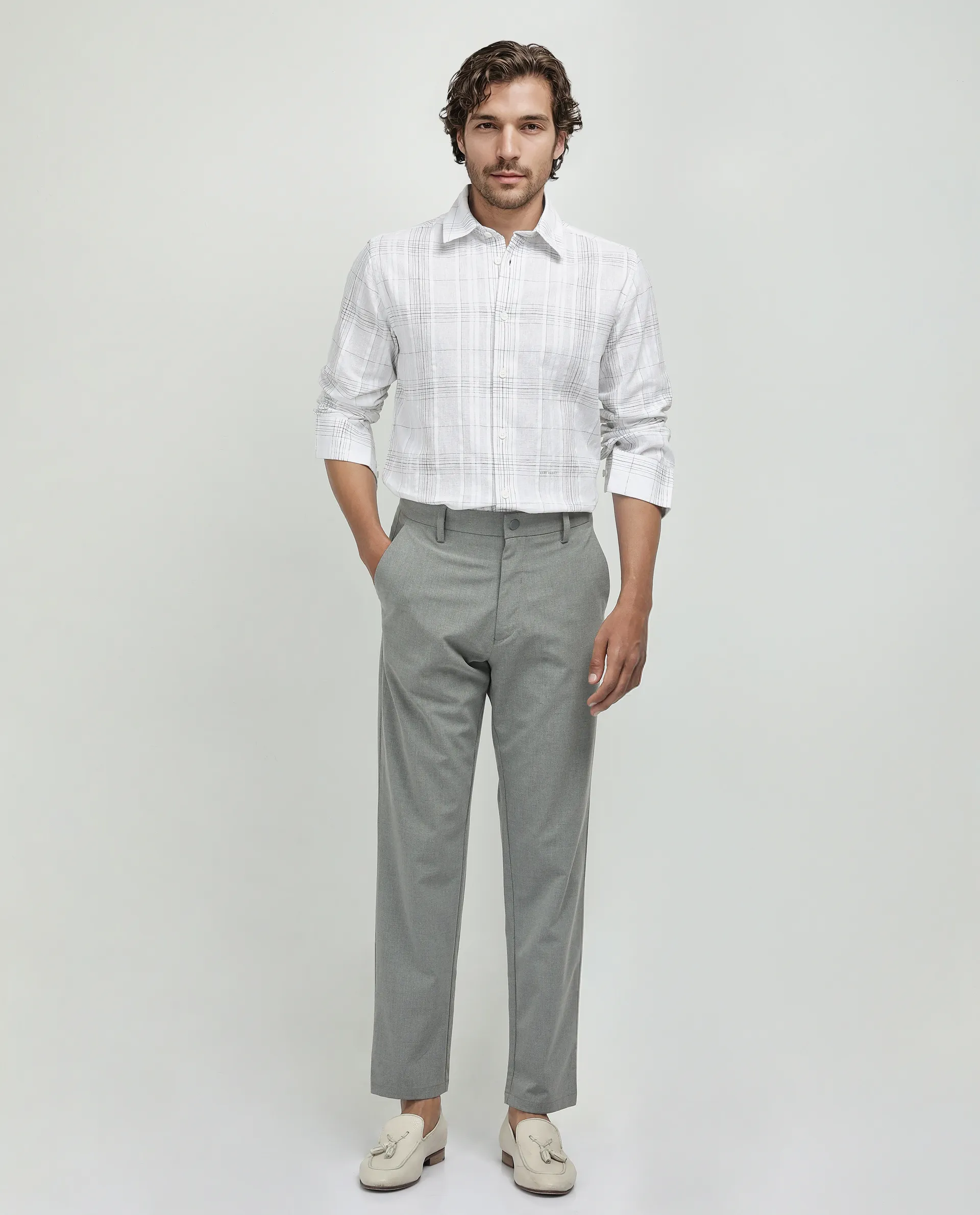 Rare Rabbit Men's Cols White Cotton Checked Print Relaxed Fit Full Sleeve Collared Shirt - Image 2