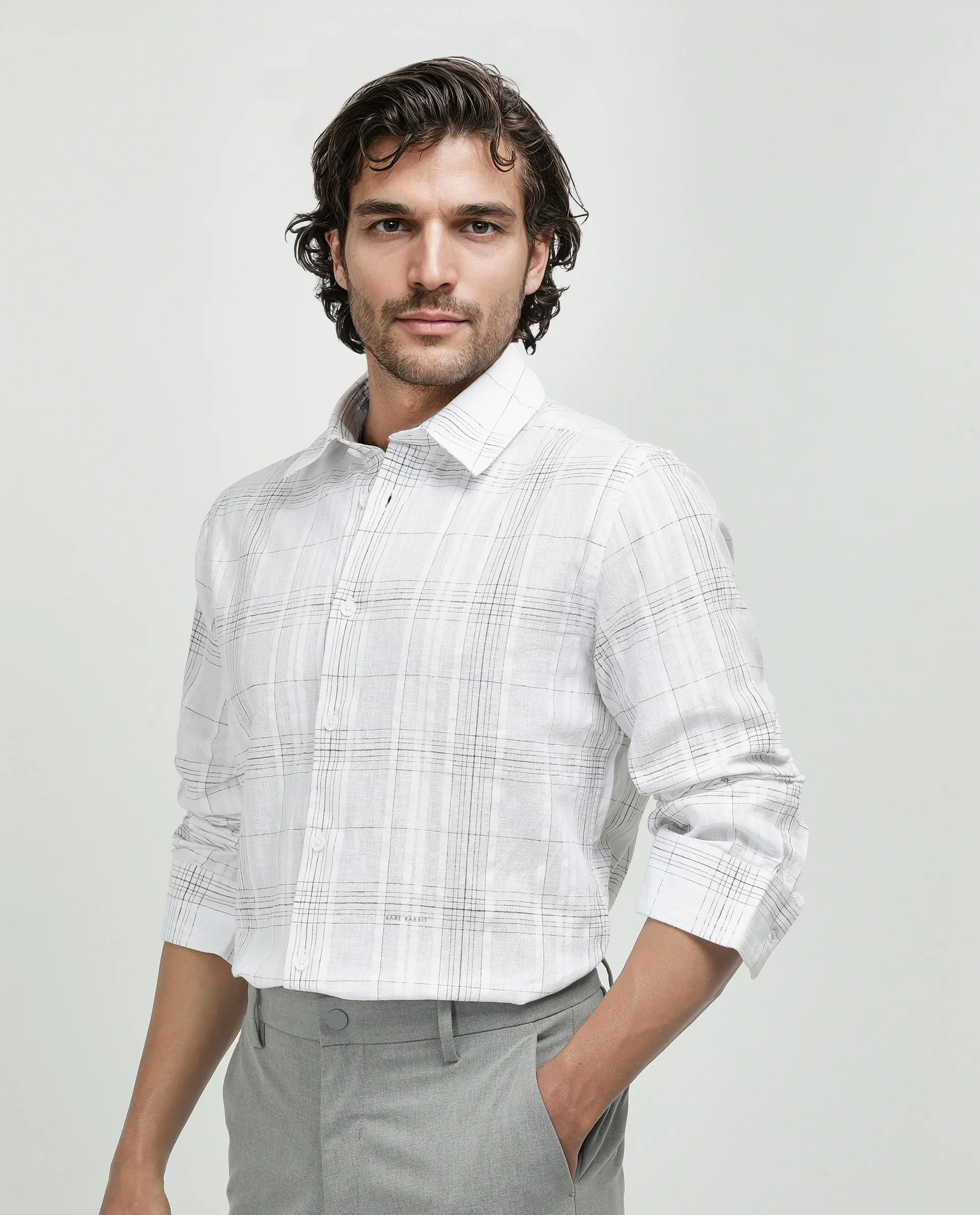 Rare Rabbit Men's Cols White Cotton Checked Print Relaxed Fit Full Sleeve Collared Shirt - Image 5