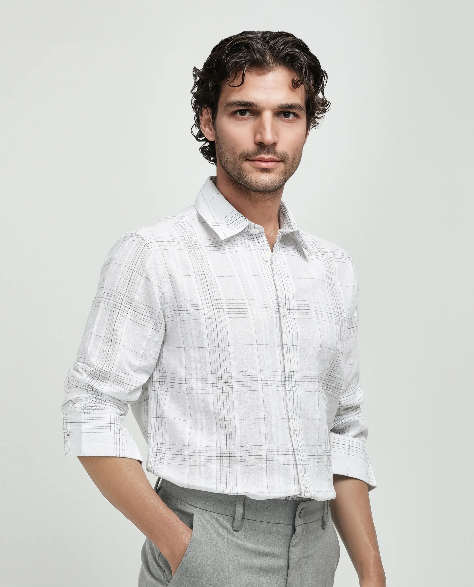Rare Rabbit Men's Cols White Cotton Checked Print Relaxed Fit Full Sleeve Collared Shirt - Image 6