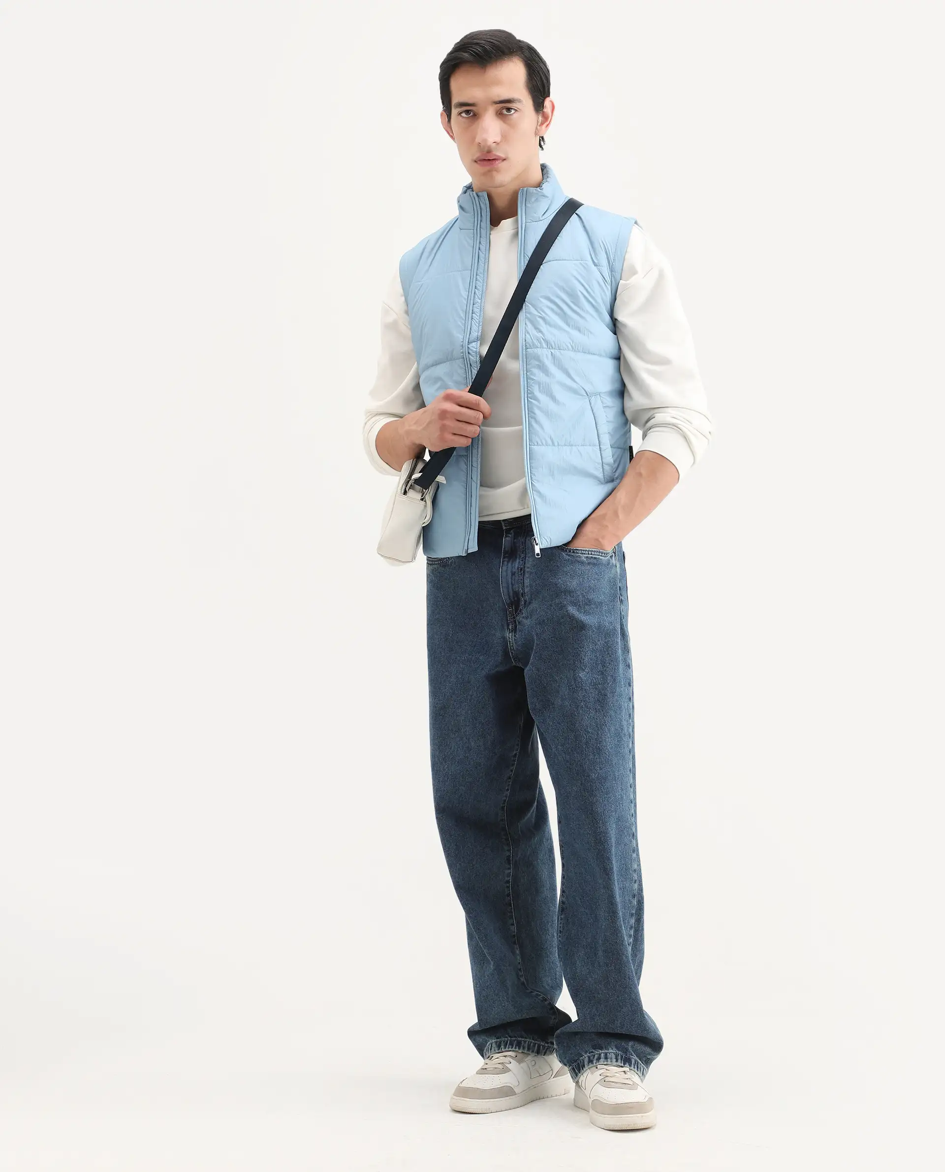 Rare Rabbit Men's Colson Light Blue Polyester Plain Regular Fit Sleeveless High Neck Jacket - Image 2