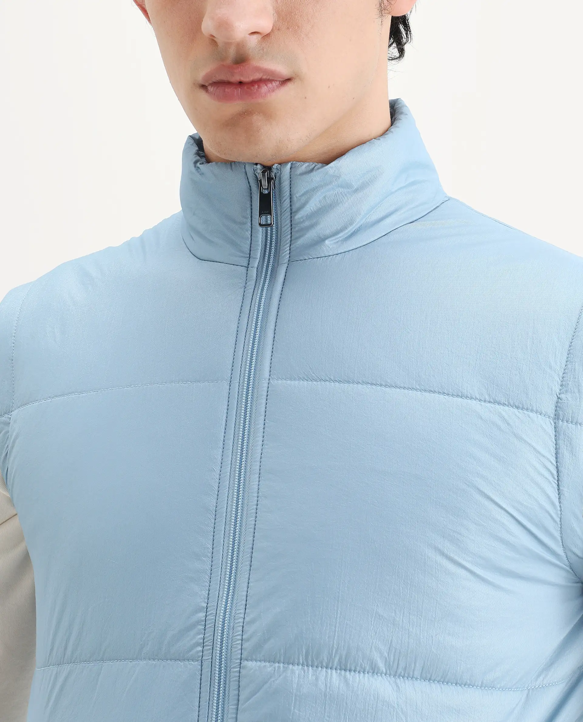 Rare Rabbit Men's Colson Light Blue Polyester Plain Regular Fit Sleeveless High Neck Jacket - Image 3